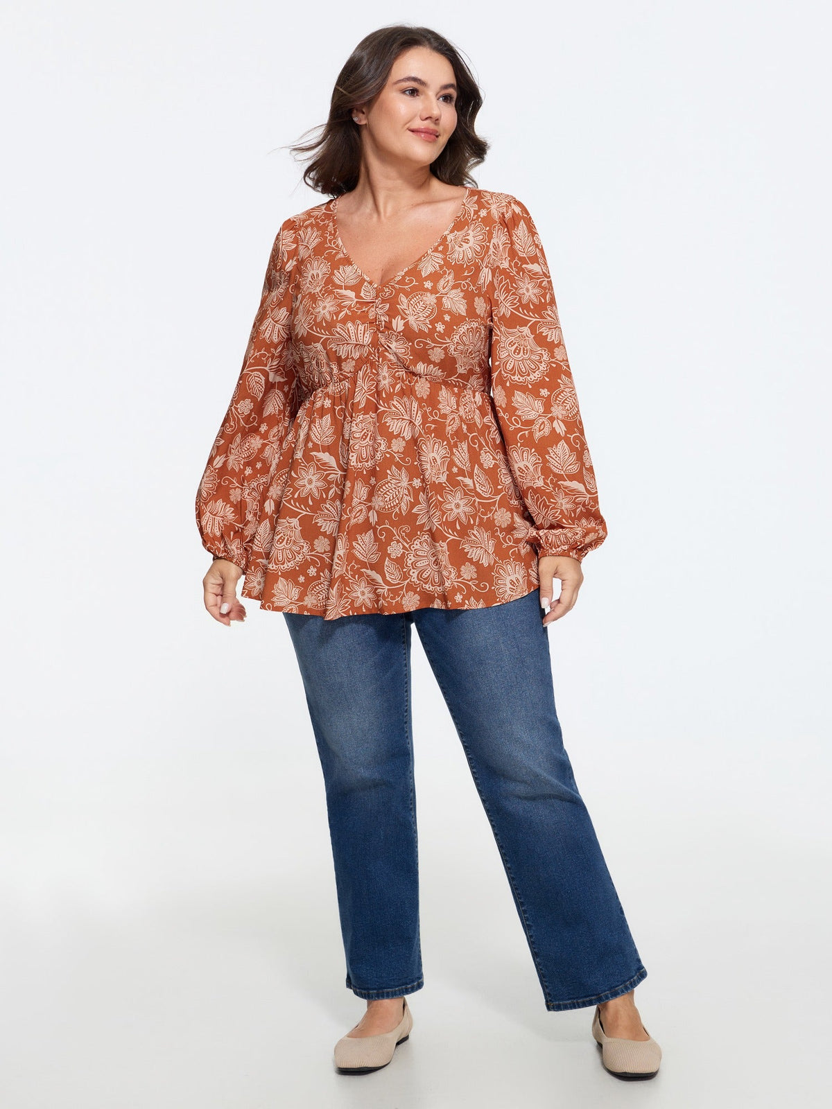 Supersoft Floral Print V Neck Ruched Blouse