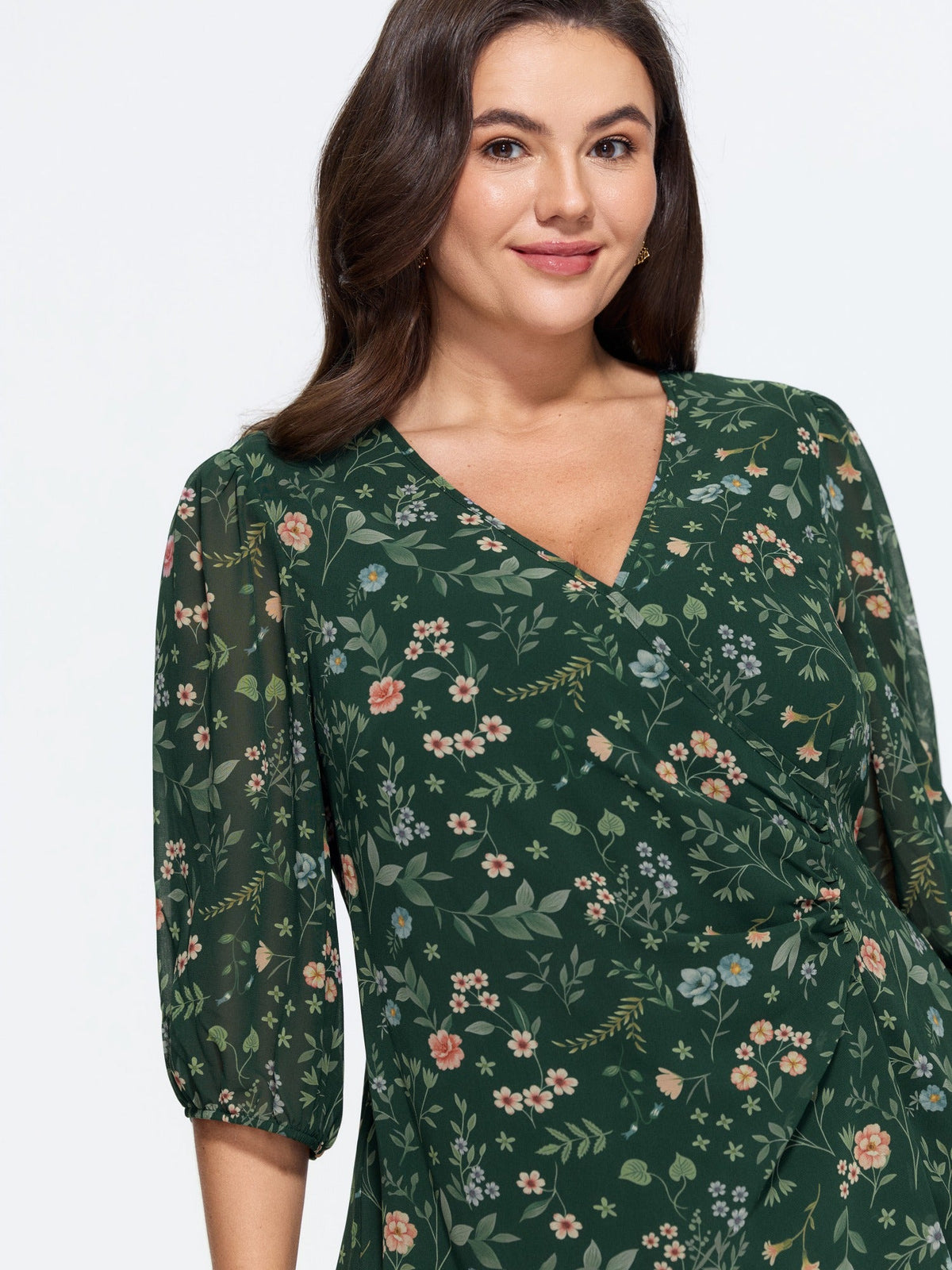 Floral Print Wrap Neck Ruched Blouse