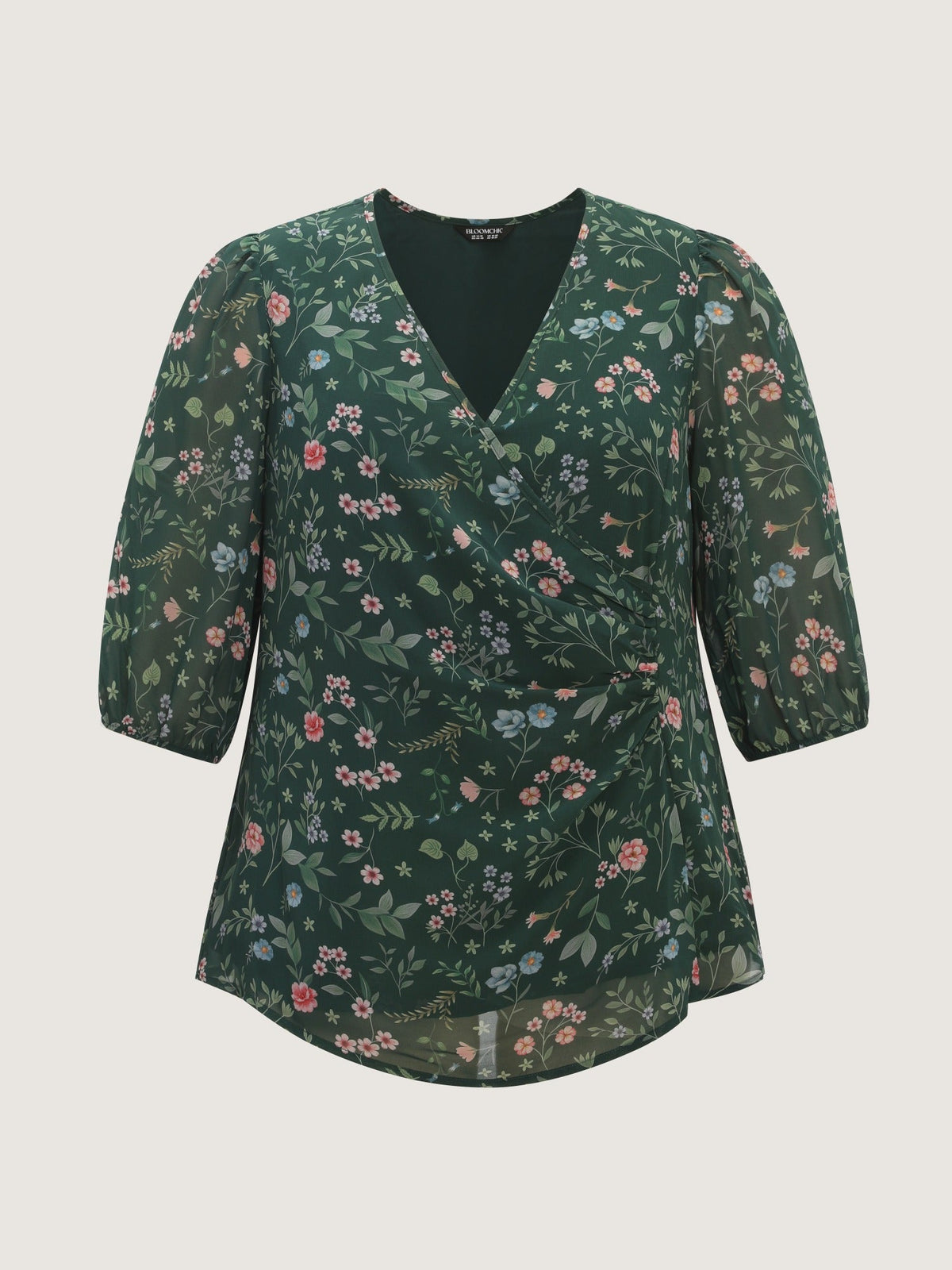 Floral Print Wrap Neck Ruched Blouse