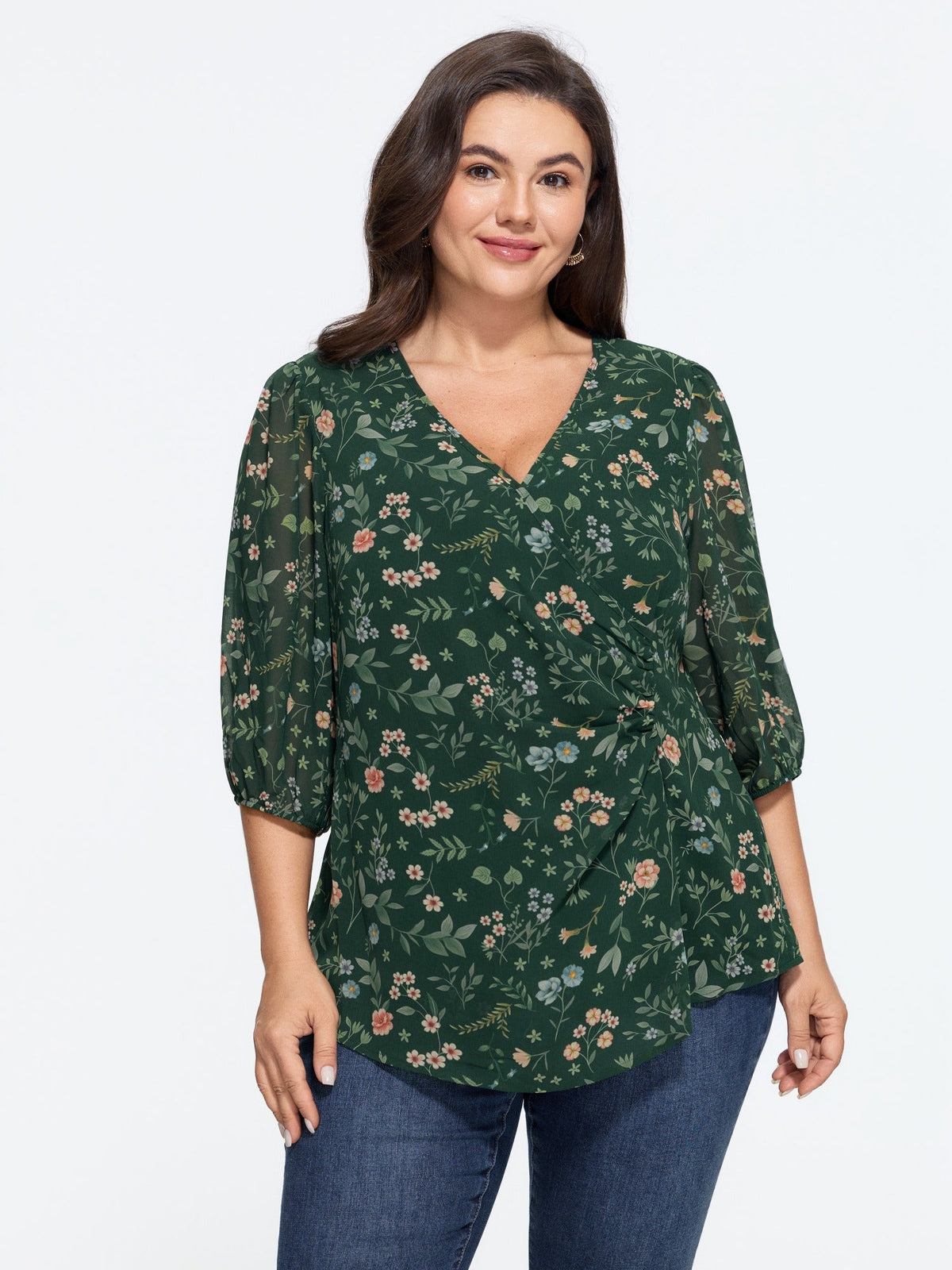 Floral Print Wrap Neck Ruched Blouse