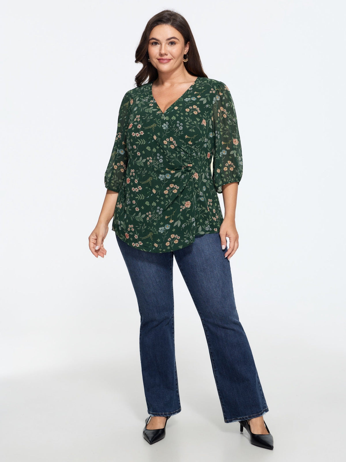 Floral Print Wrap Neck Ruched Blouse