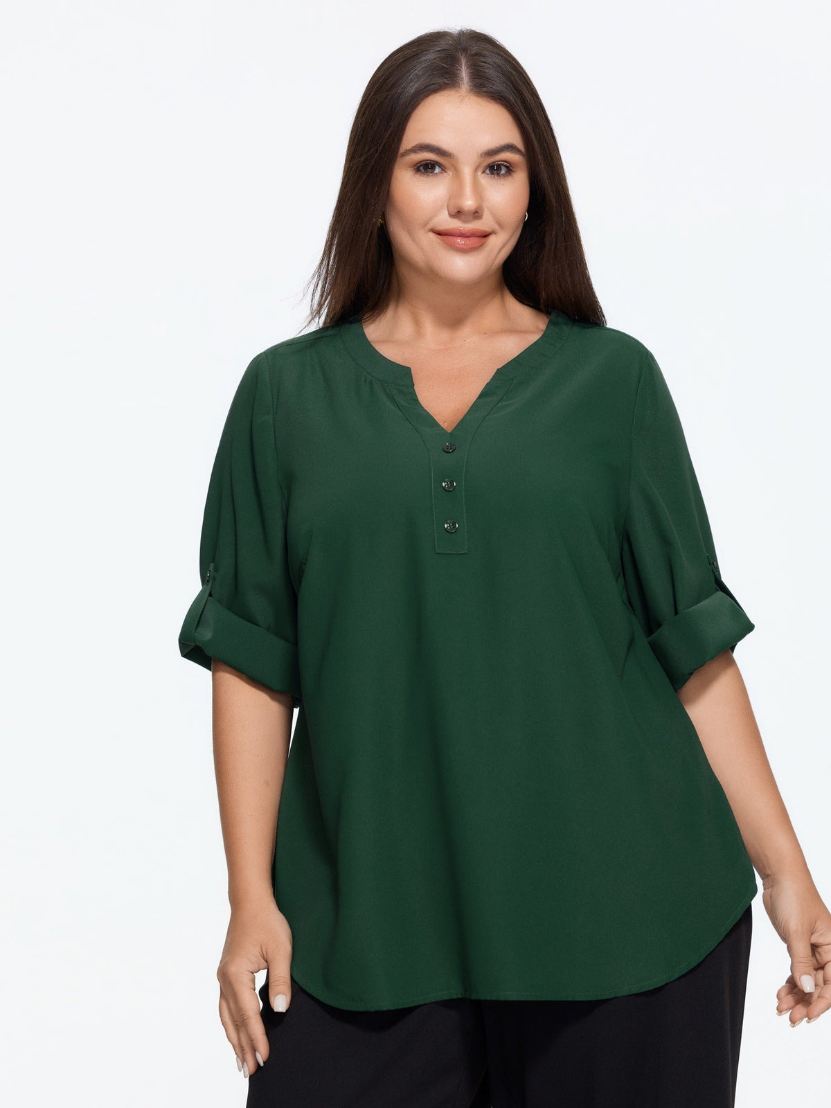 Tab Sleeve Curved Hem Blouse