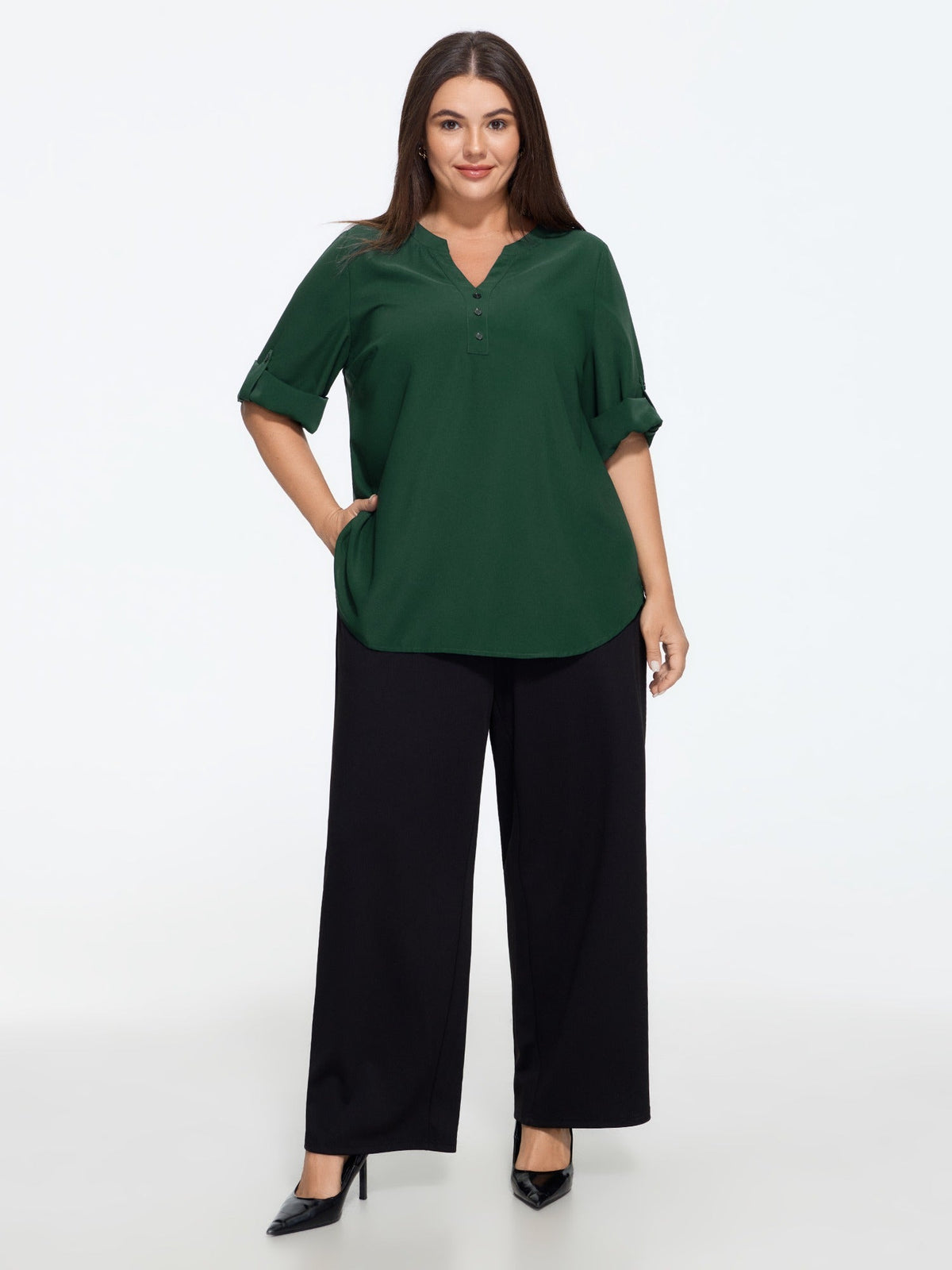Tab Sleeve Curved Hem Blouse