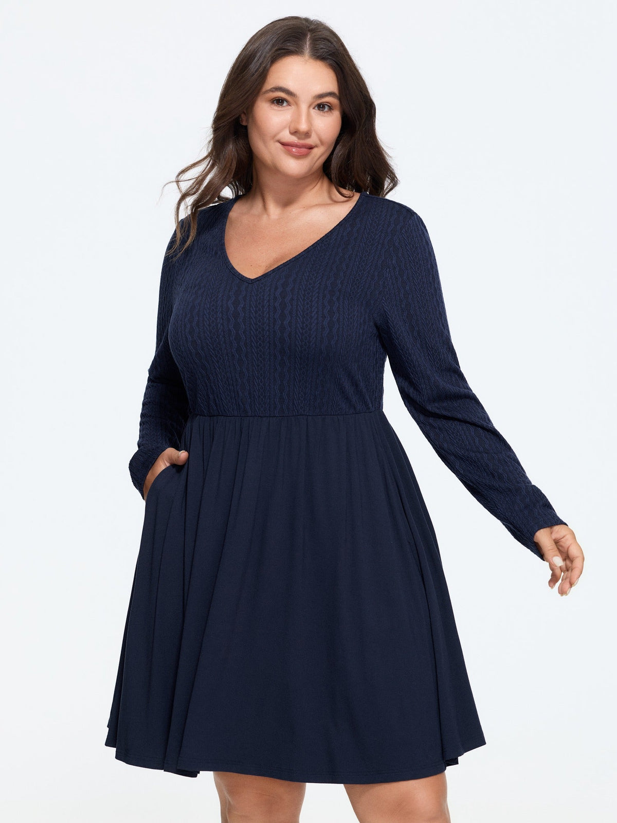 Supersoft Textured V Neck Long Sleeve Mini Dress