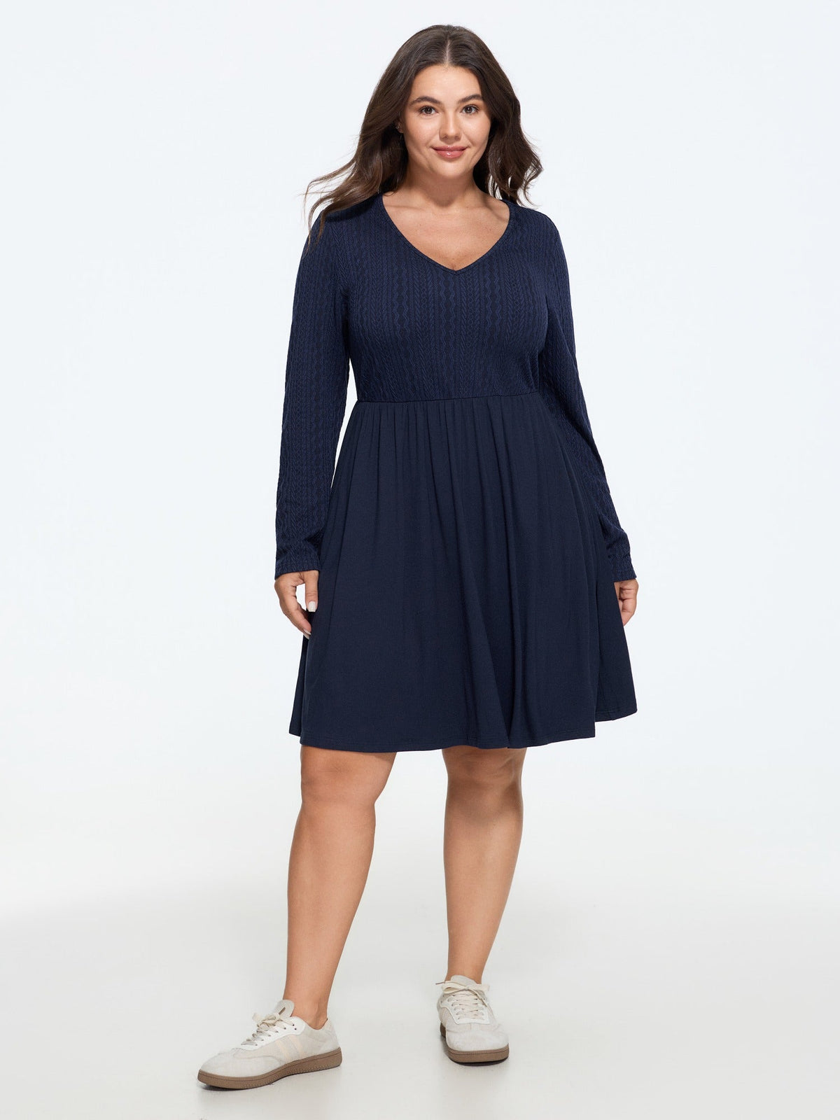 Supersoft Textured V Neck Long Sleeve Mini Dress