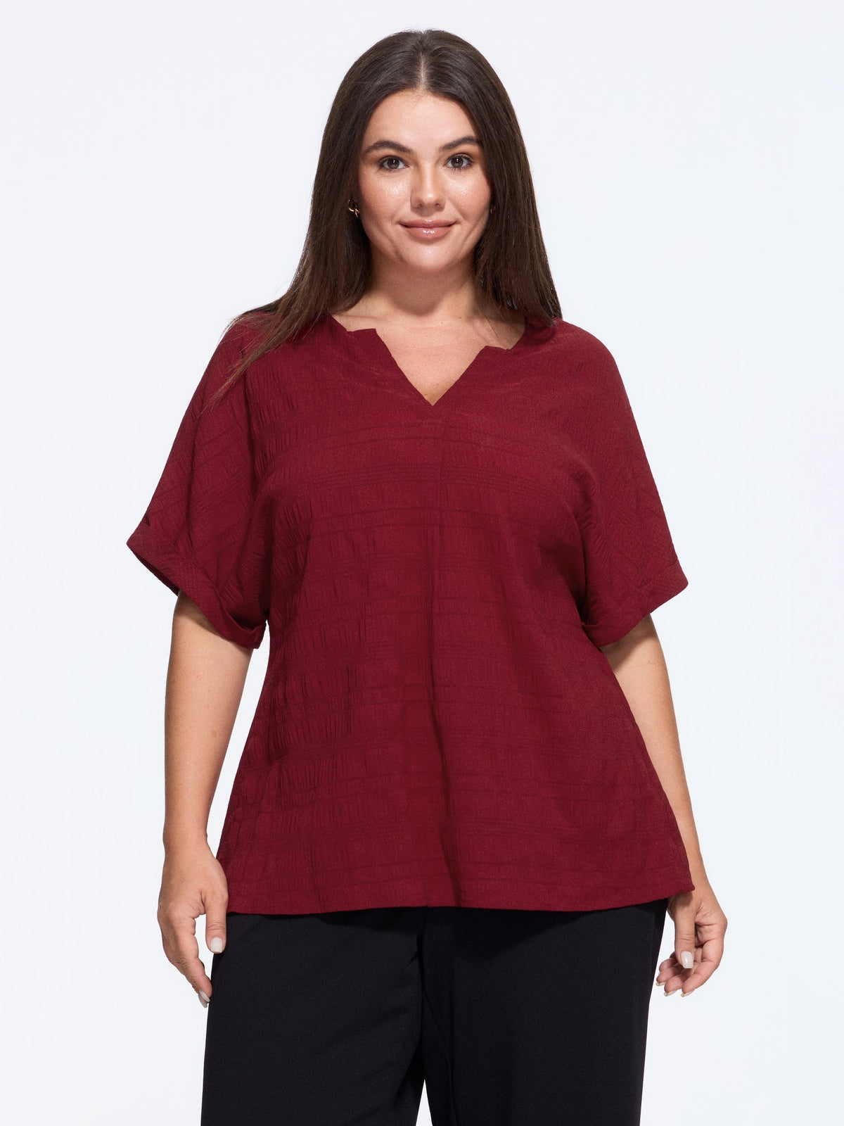 Textured Split V Neck Rolled Sleeve Blouse