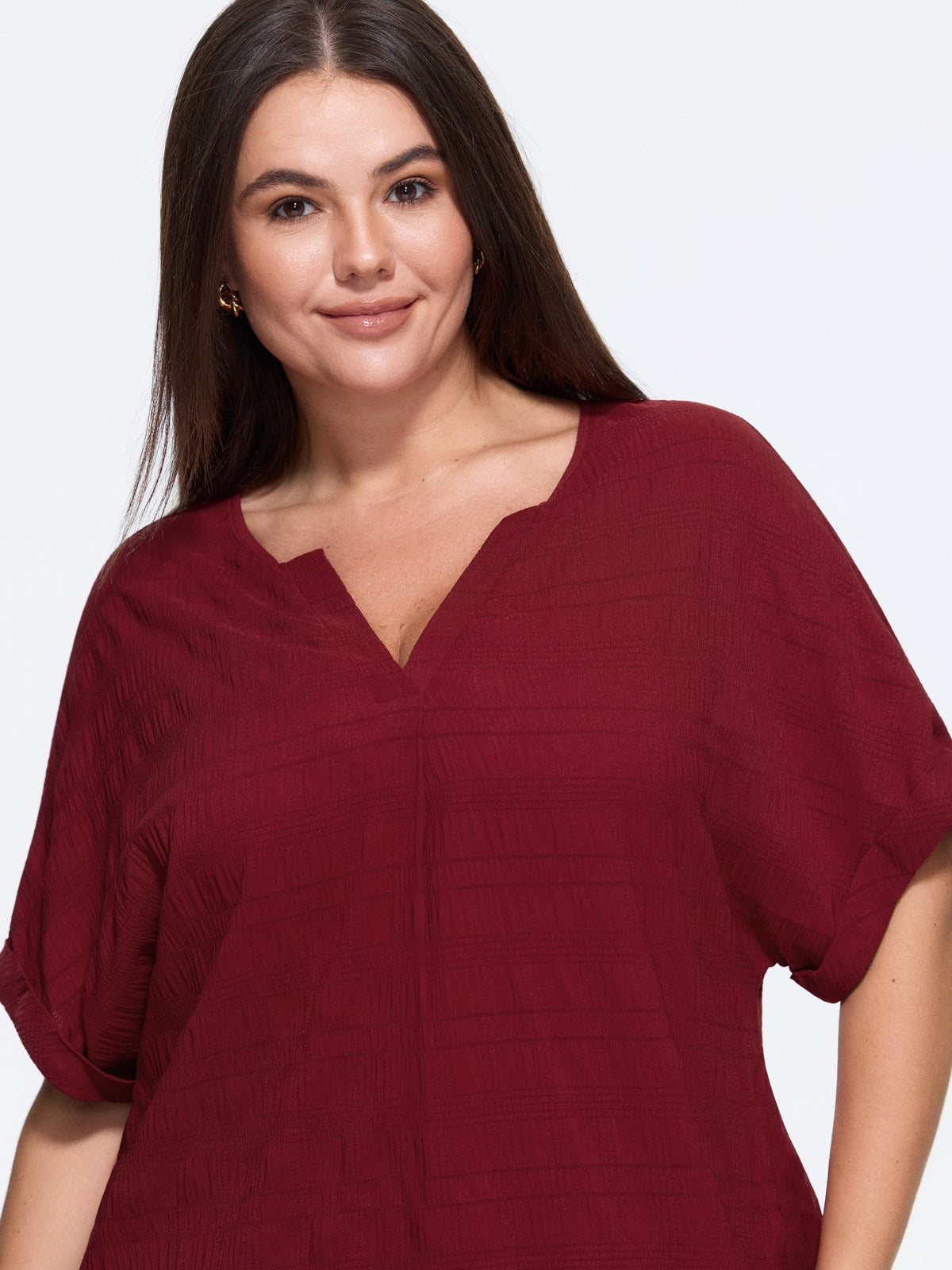 Textured Split V Neck Rolled Sleeve Blouse