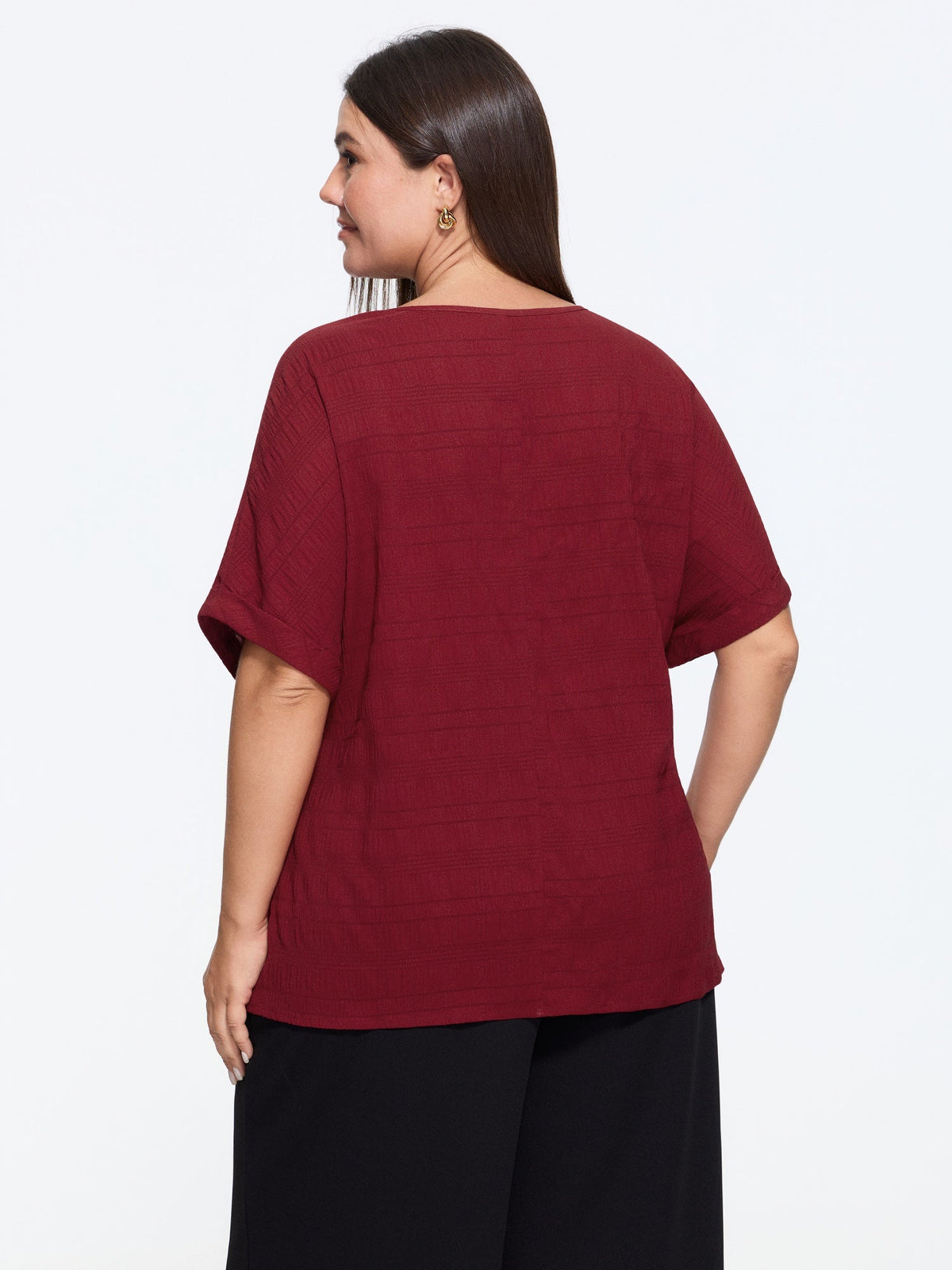 Textured Split V Neck Rolled Sleeve Blouse