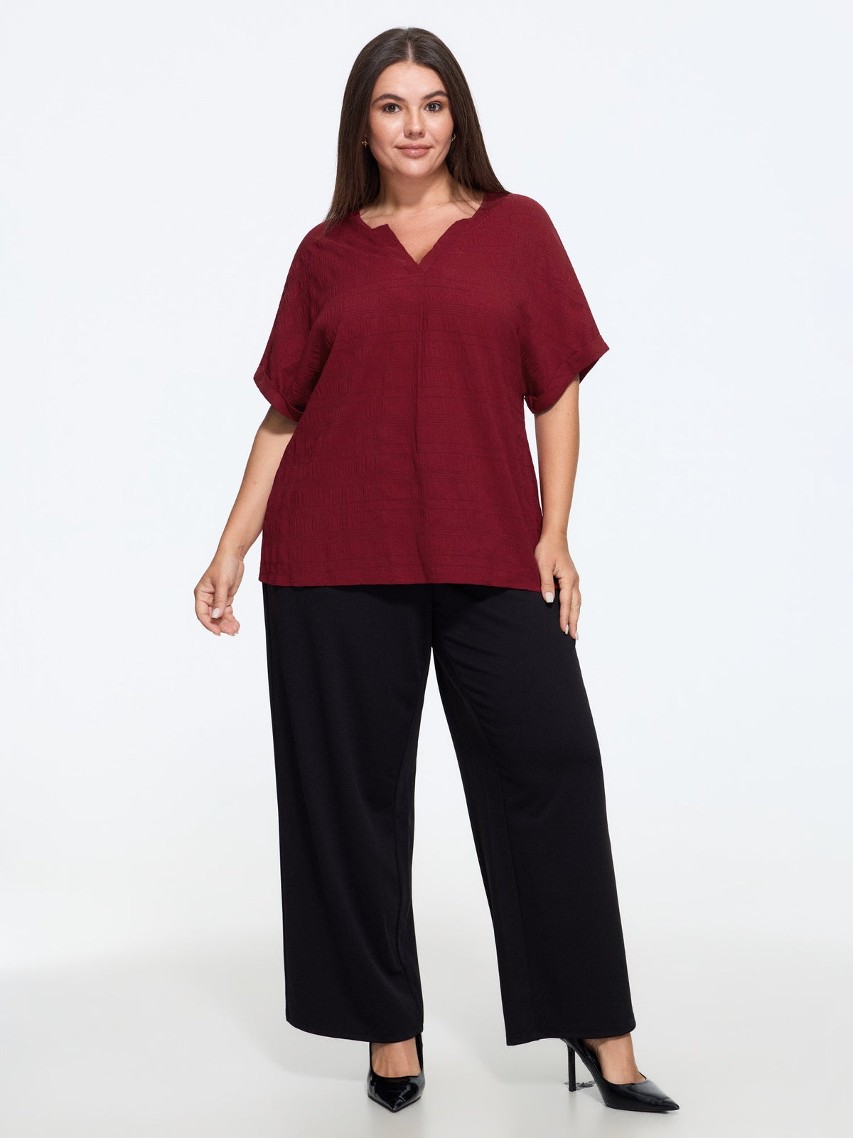 Textured Split V Neck Rolled Sleeve Blouse