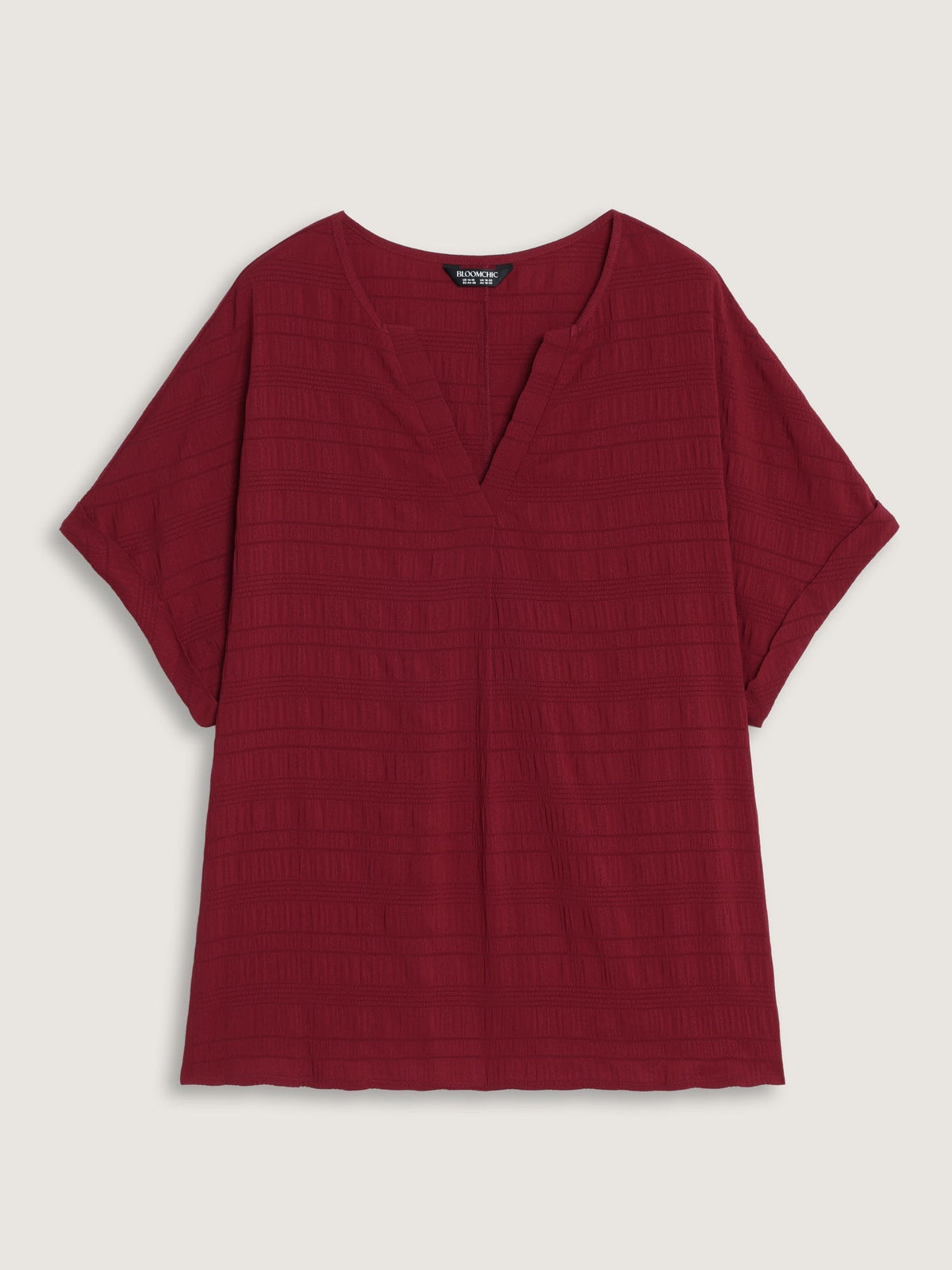 Textured Split V Neck Rolled Sleeve Blouse