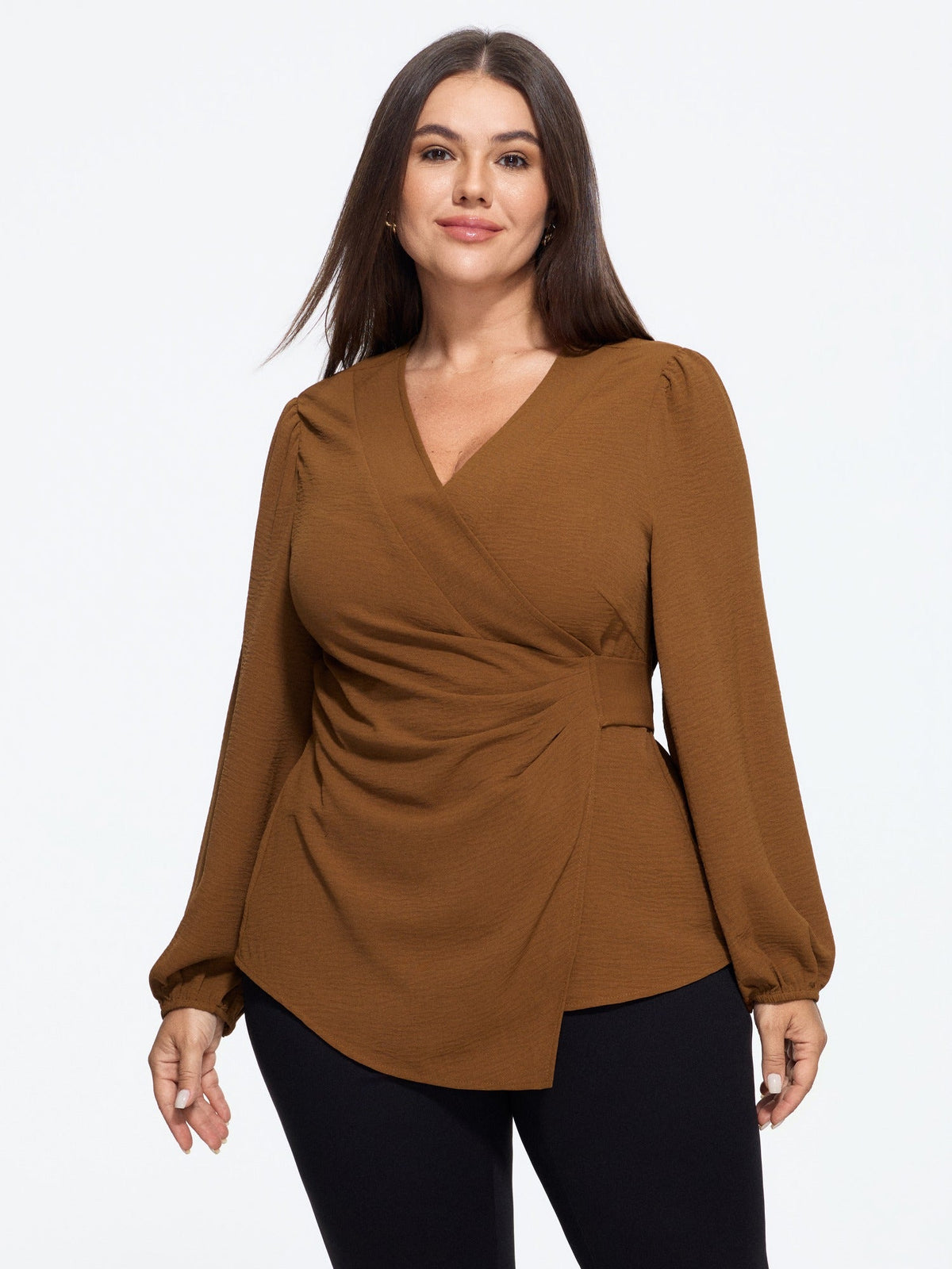 Solid Ruched Wrap Waist Tie Blouse