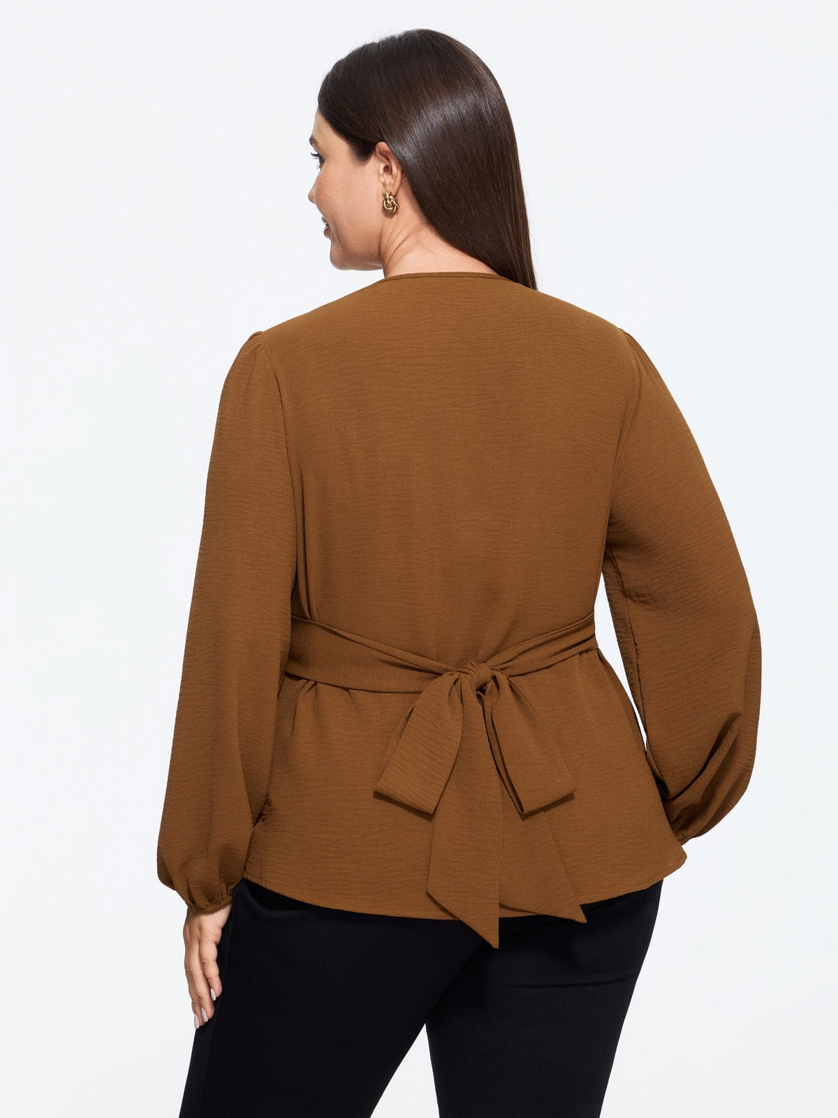 Solid Ruched Wrap Waist Tie Blouse