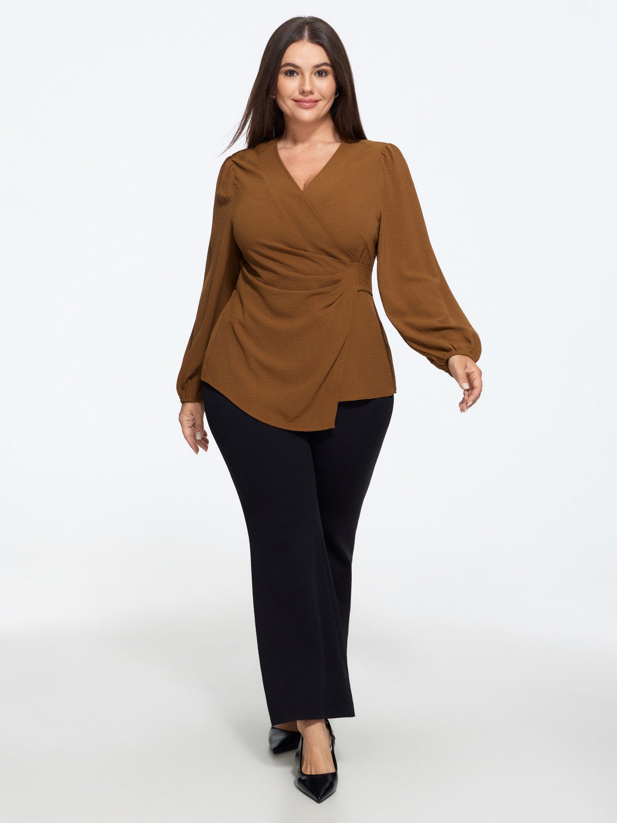 Solid Ruched Wrap Waist Tie Blouse