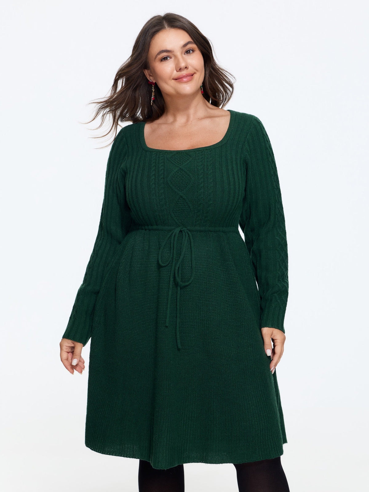 Square Neck Waist Tie Sweater Dress