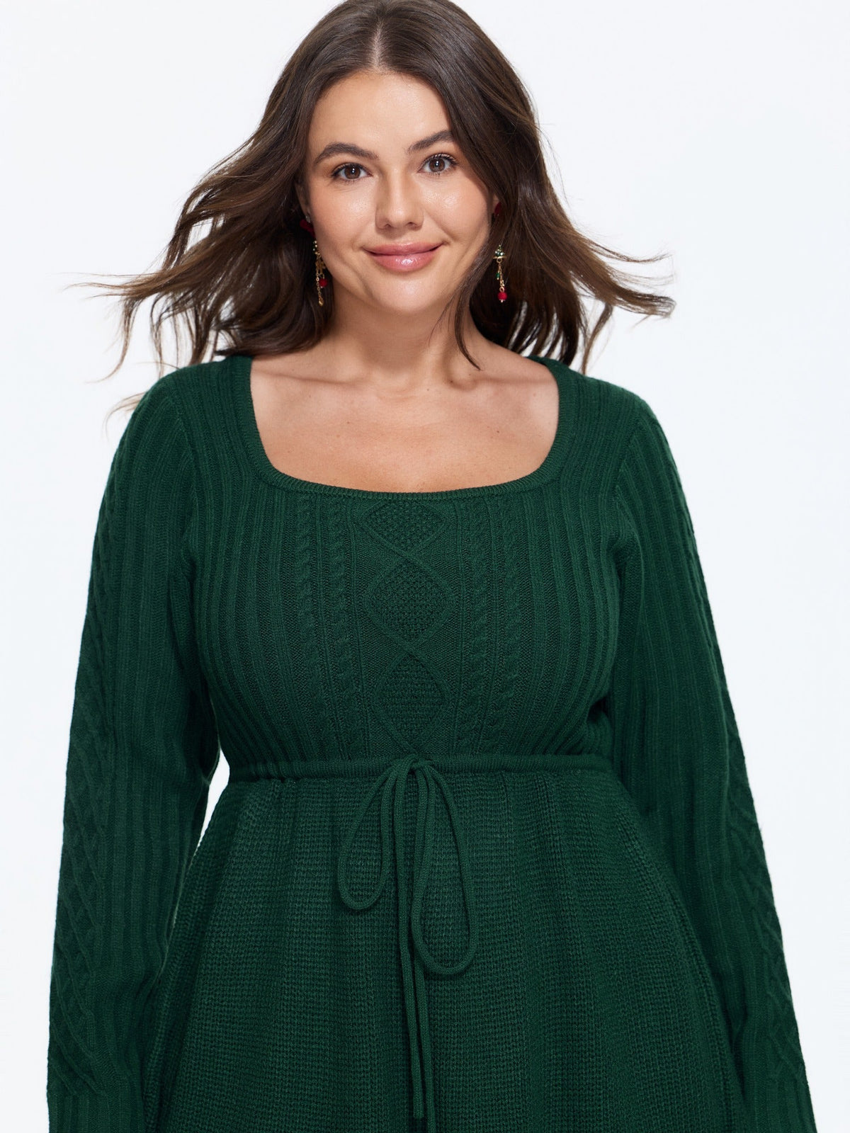 Square Neck Waist Tie Sweater Dress
