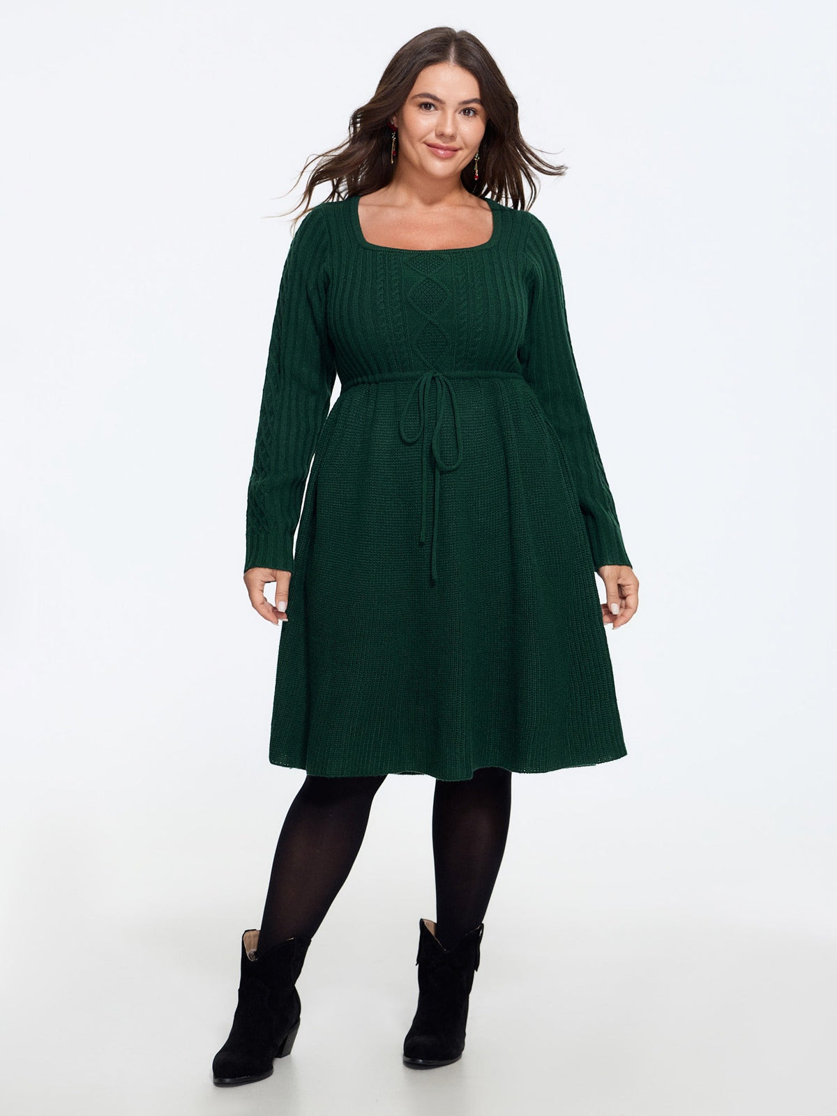 Square Neck Waist Tie Sweater Dress
