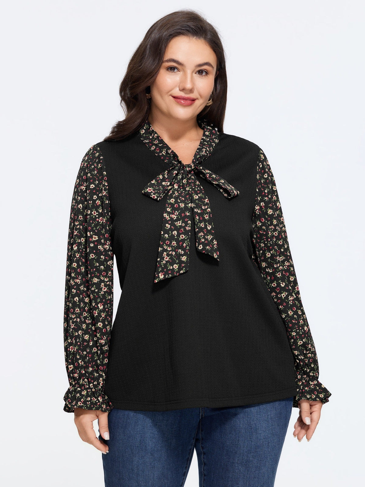 Floral Print Bow Tie Neck Patchwork Blouse