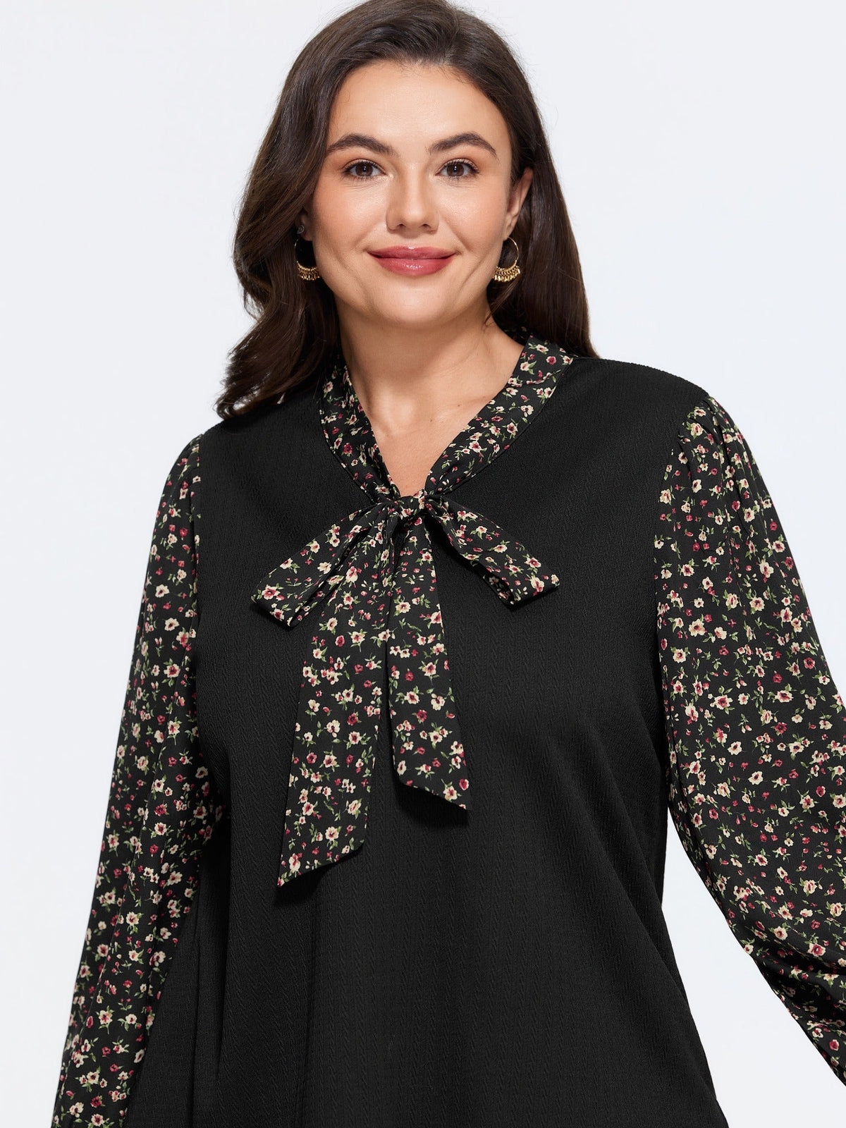 Floral Print Bow Tie Neck Patchwork Blouse