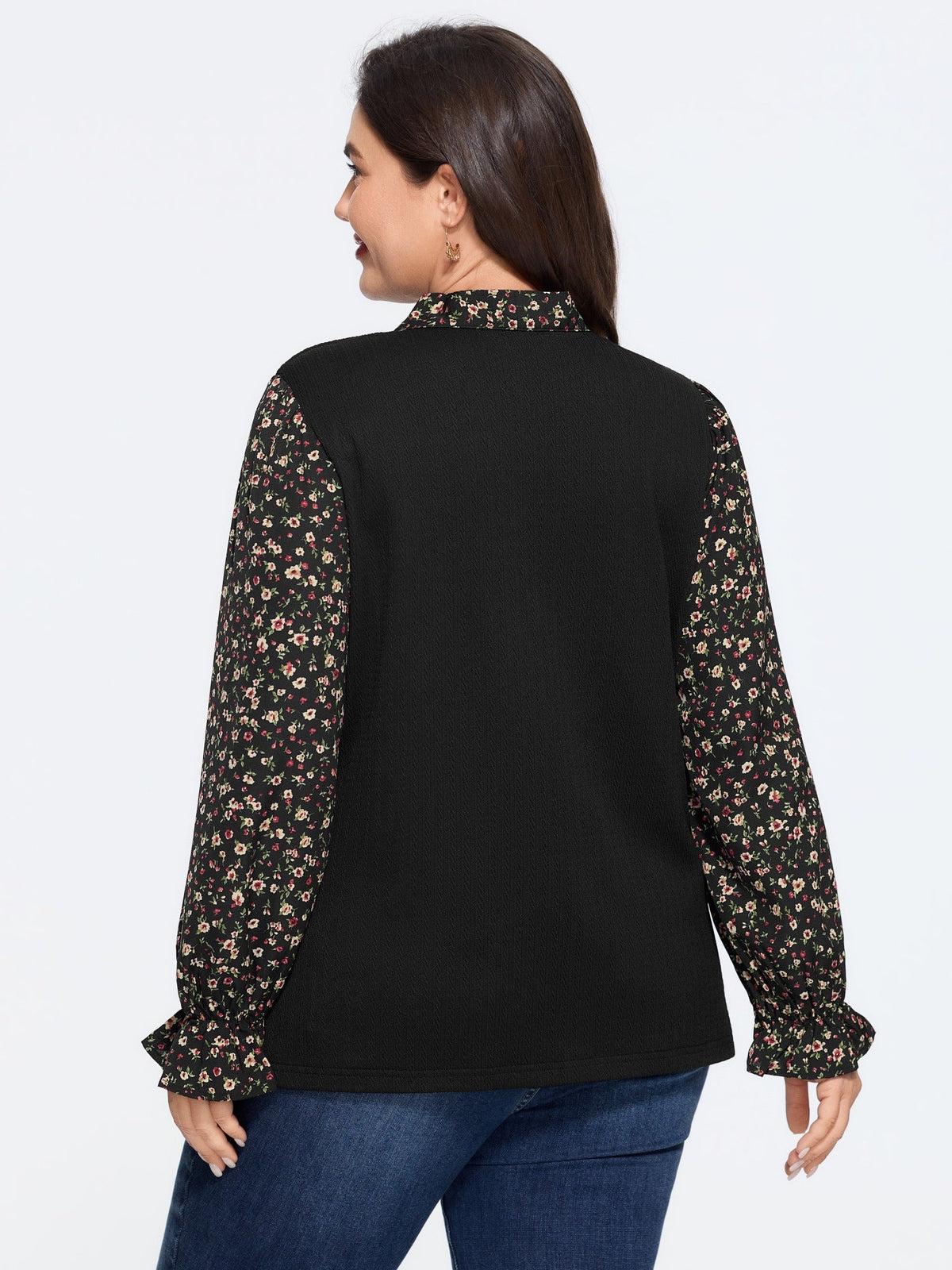 Floral Print Bow Tie Neck Patchwork Blouse
