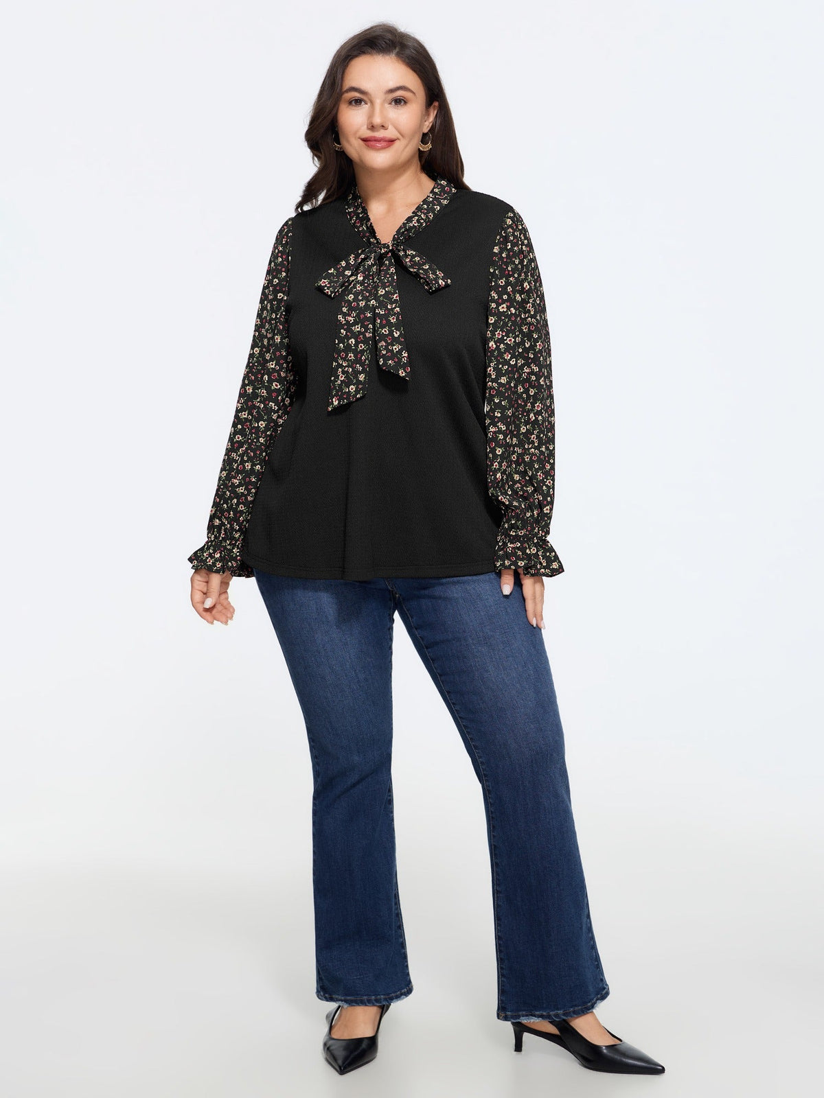 Floral Print Bow Tie Neck Patchwork Blouse