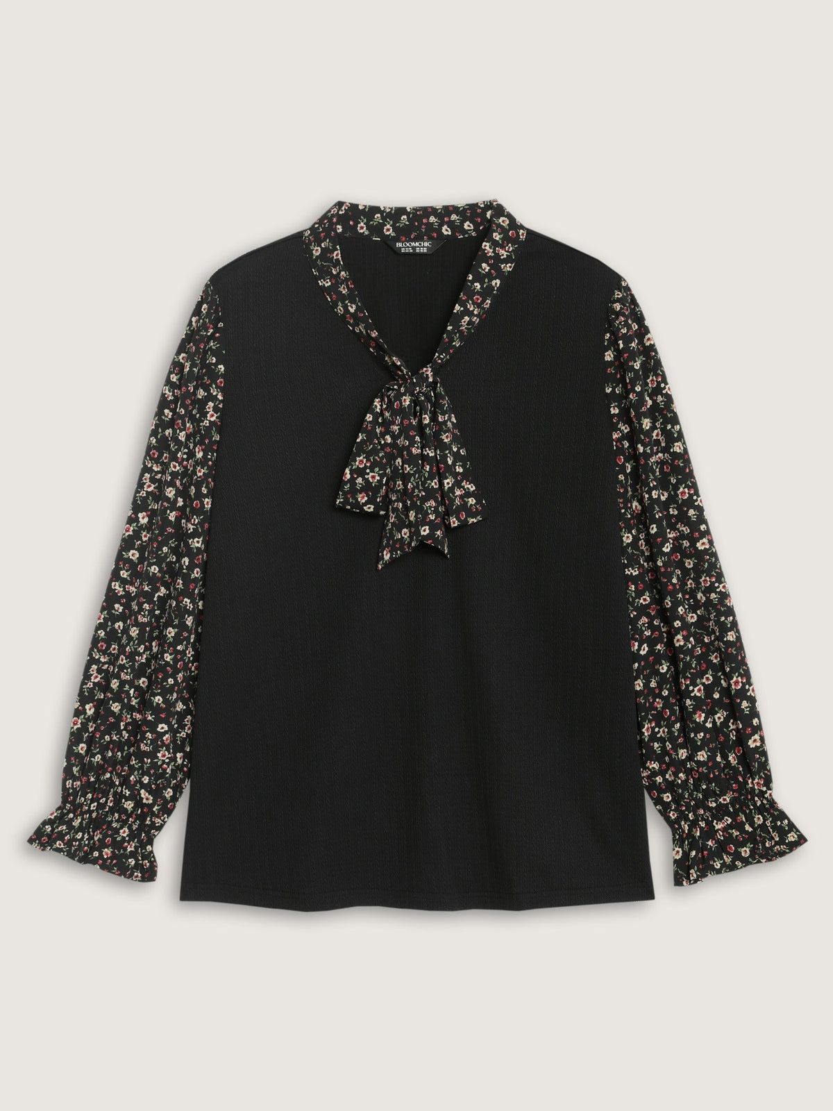 Floral Print Bow Tie Neck Patchwork Blouse