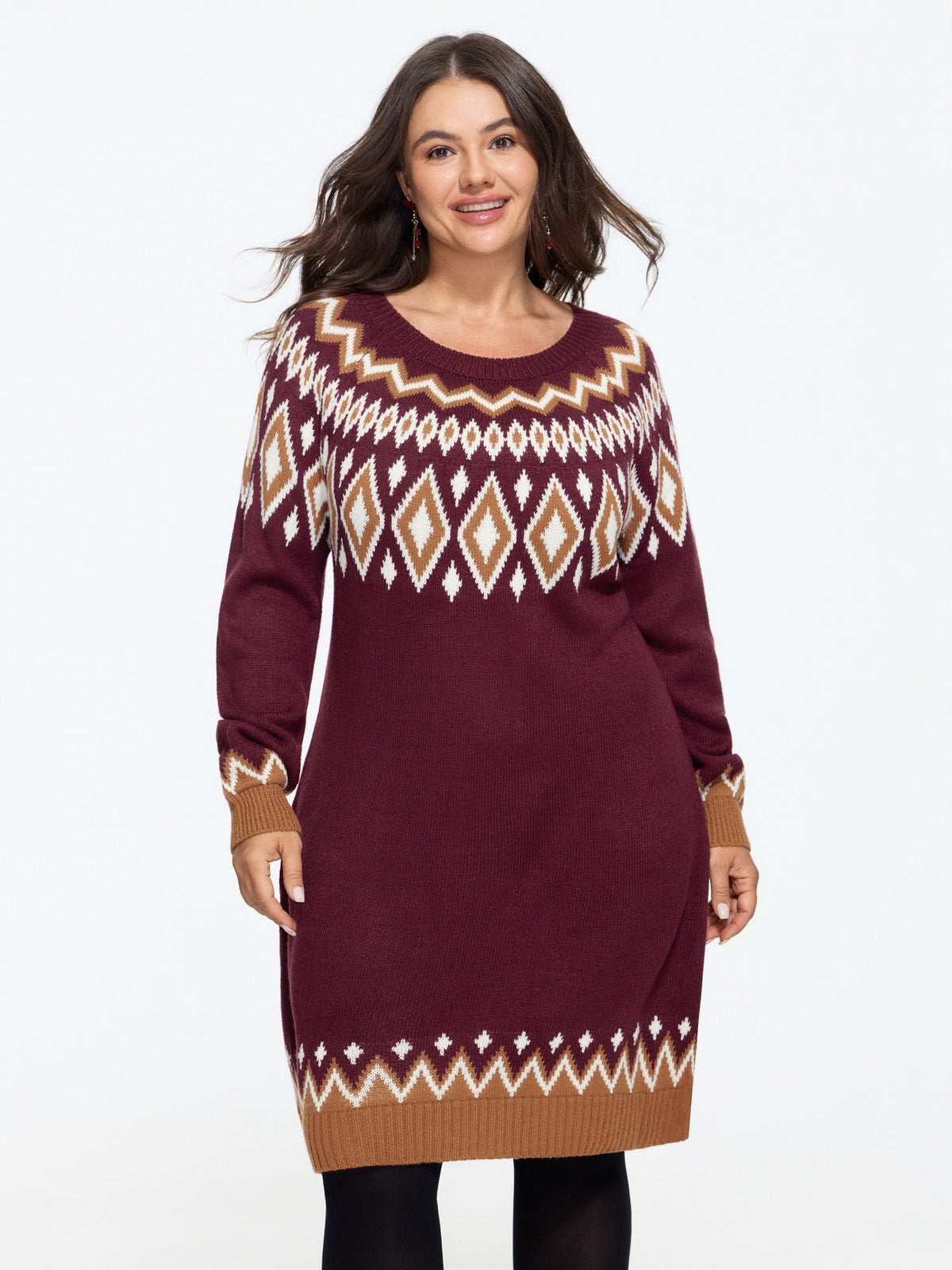Fair Isle Geometric Pattern Round Neck Sweater Dress