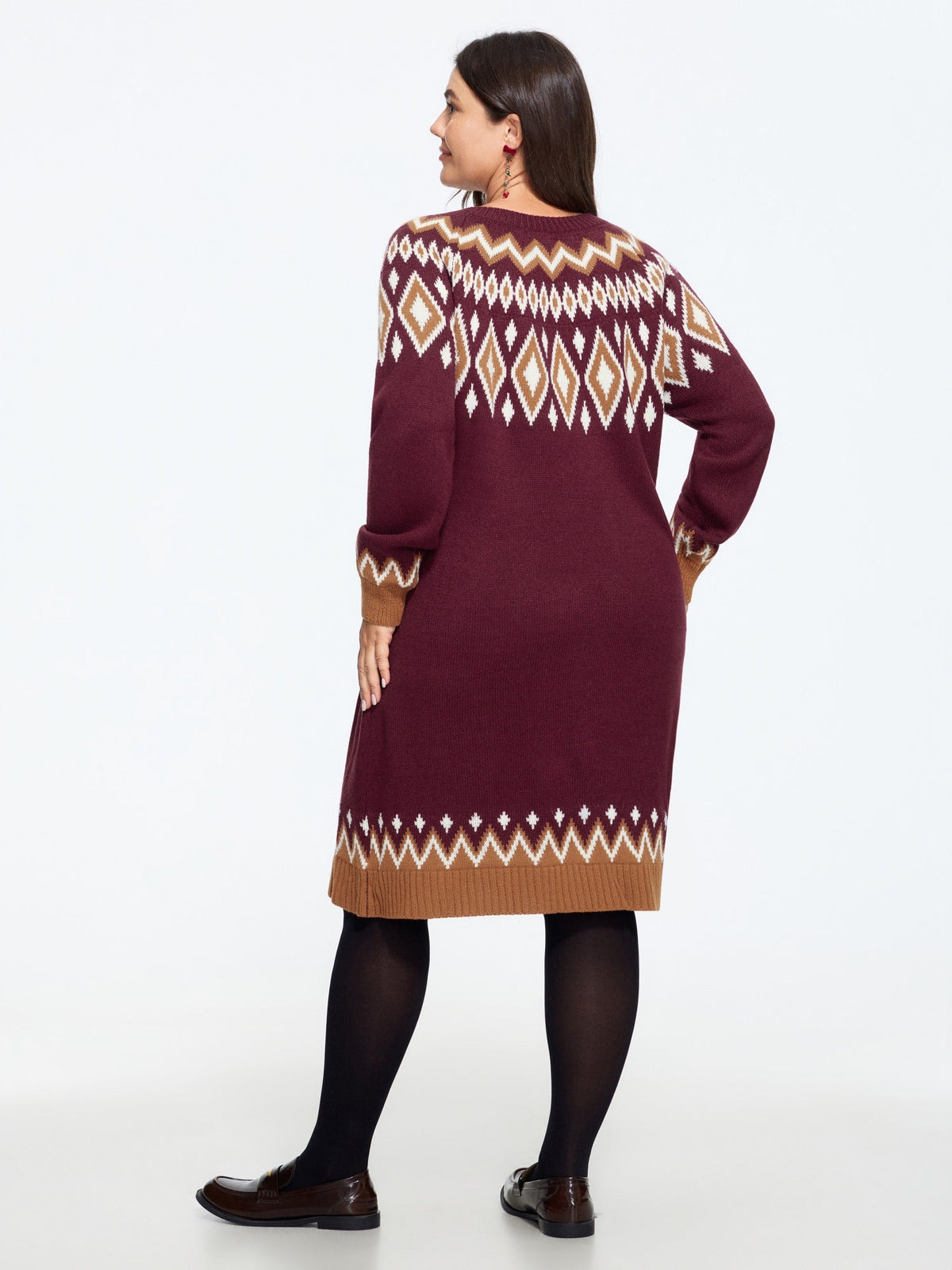 Fair Isle Geometric Pattern Round Neck Sweater Dress