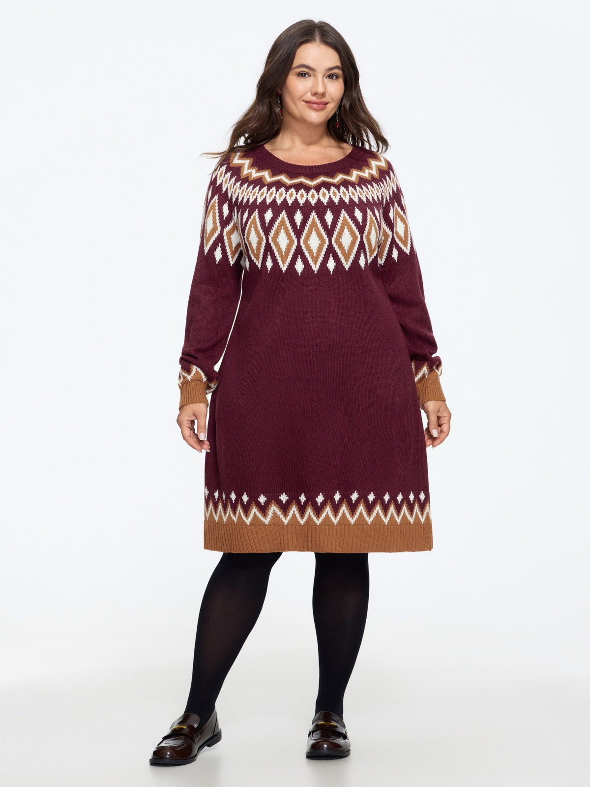 Fair Isle Geometric Pattern Round Neck Sweater Dress