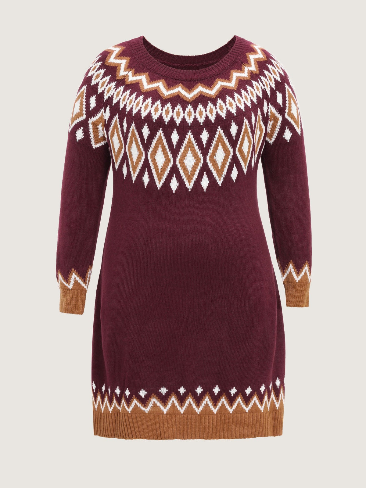 Fair Isle Geometric Pattern Round Neck Sweater Dress
