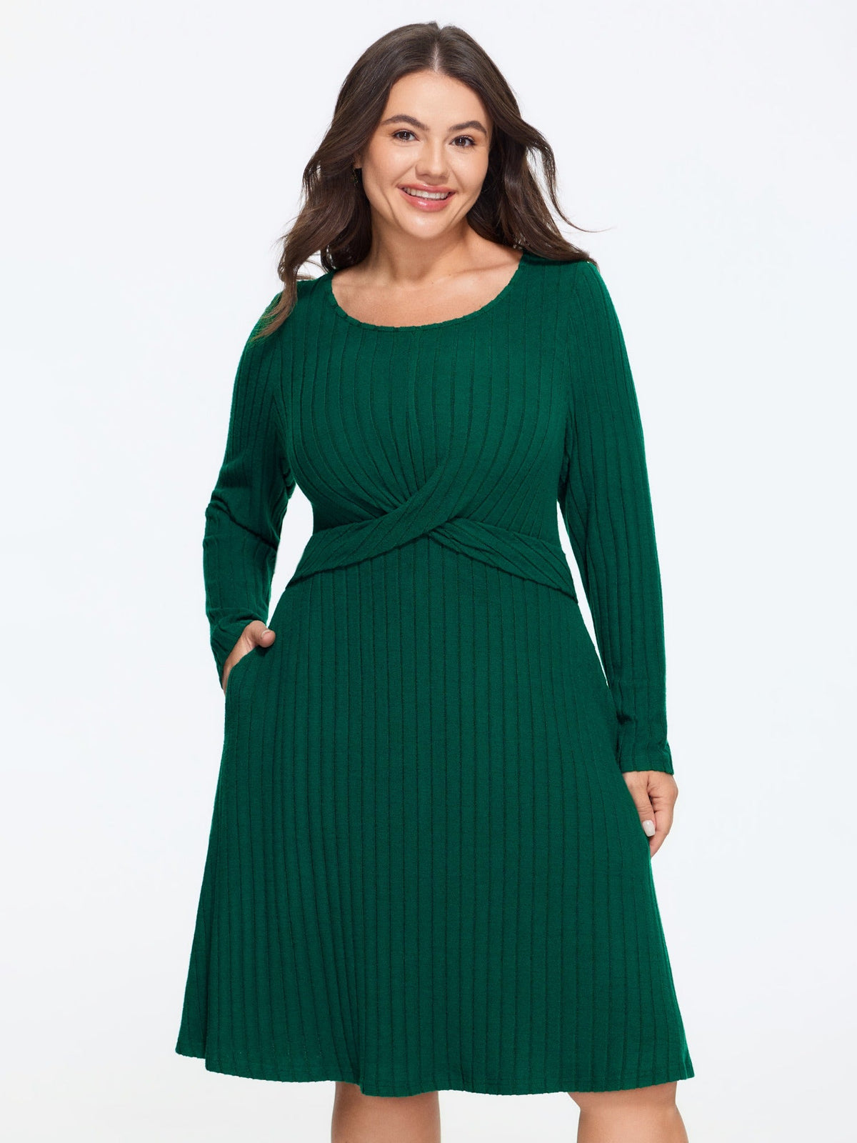 Stretchy Twist Front Pocket Ribbed Mini Dress