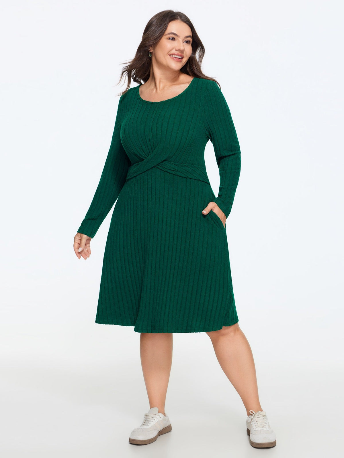 Stretchy Twist Front Pocket Ribbed Mini Dress