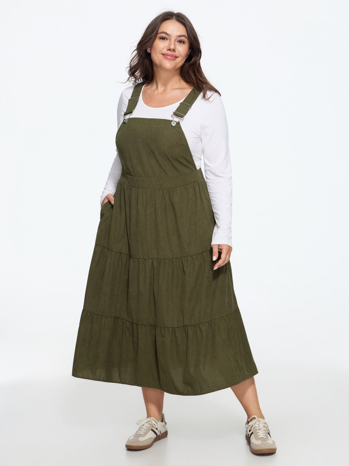 Corduroy Adjustable Buckle Strap Tiered Overall Midi Dress