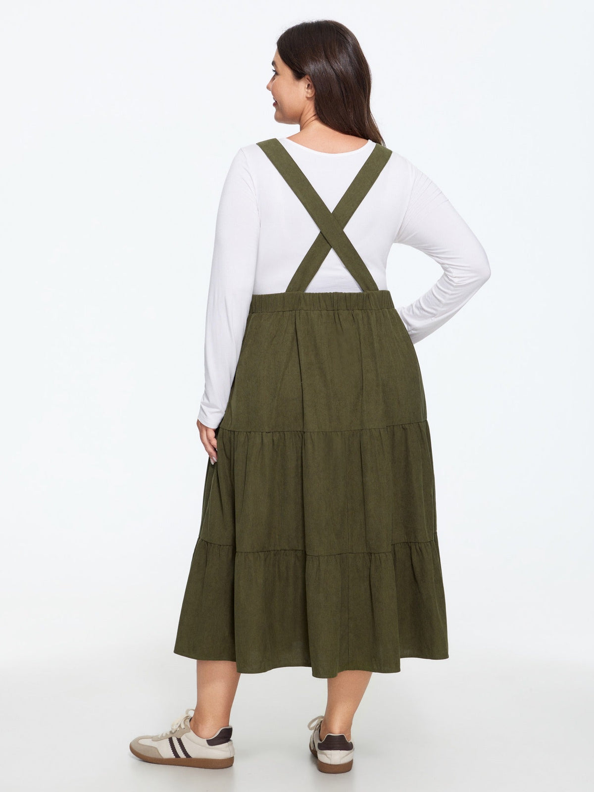 Corduroy Adjustable Buckle Strap Tiered Overall Midi Dress