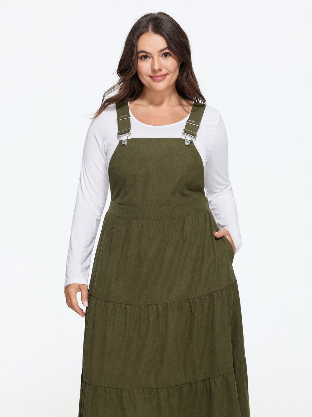 Corduroy Adjustable Buckle Strap Tiered Overall Midi Dress