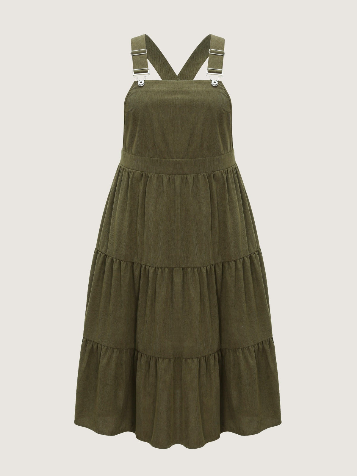 Corduroy Adjustable Buckle Strap Tiered Overall Midi Dress