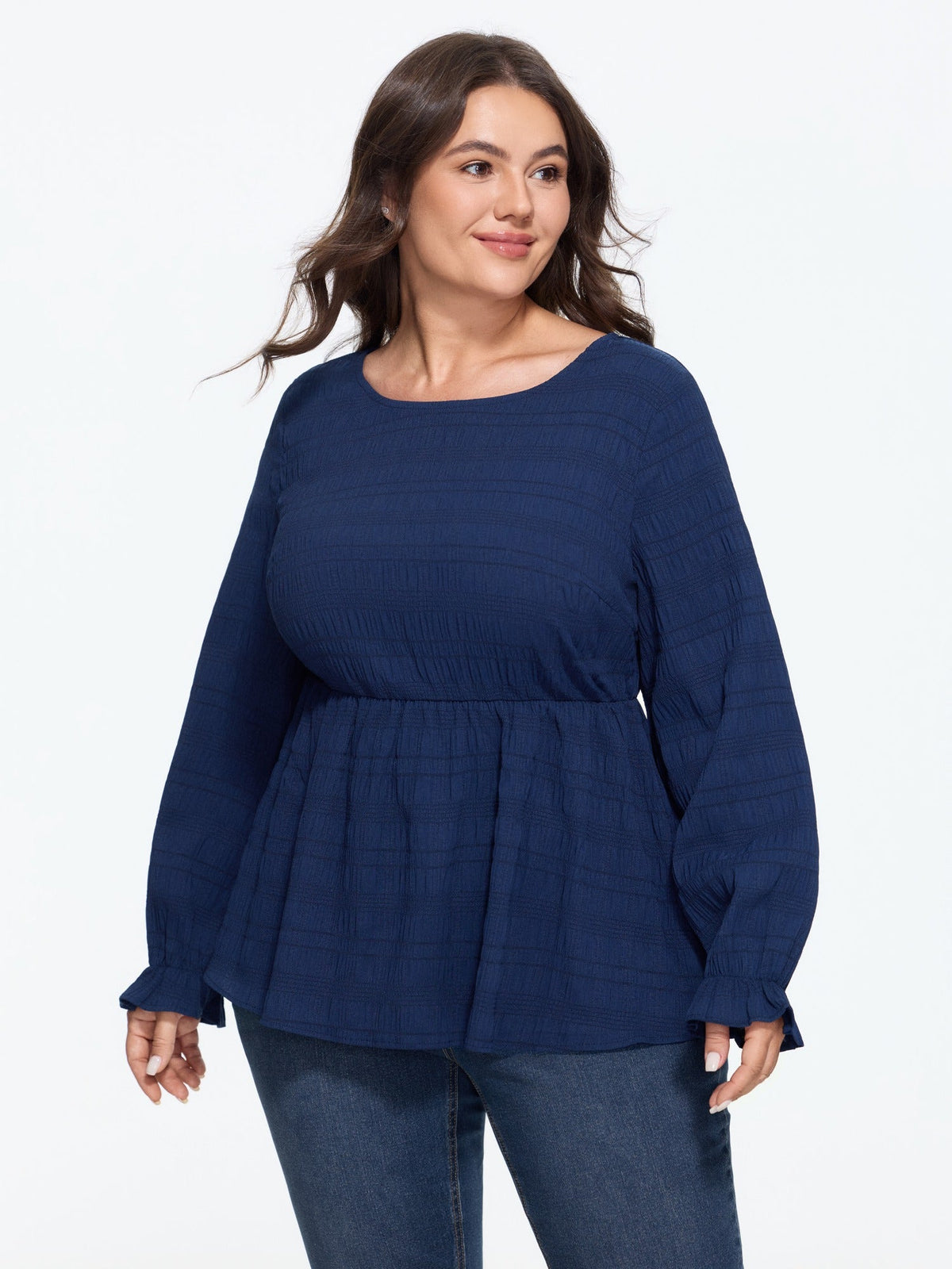 Textured Round Neck Ruffle Cuff Blouse