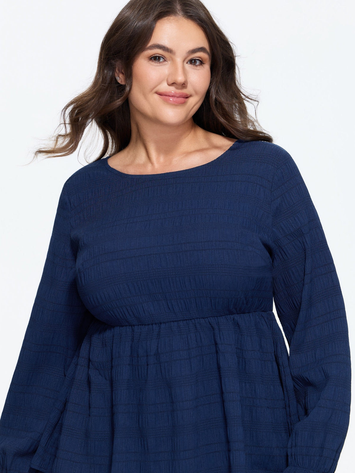 Textured Round Neck Ruffle Cuff Blouse