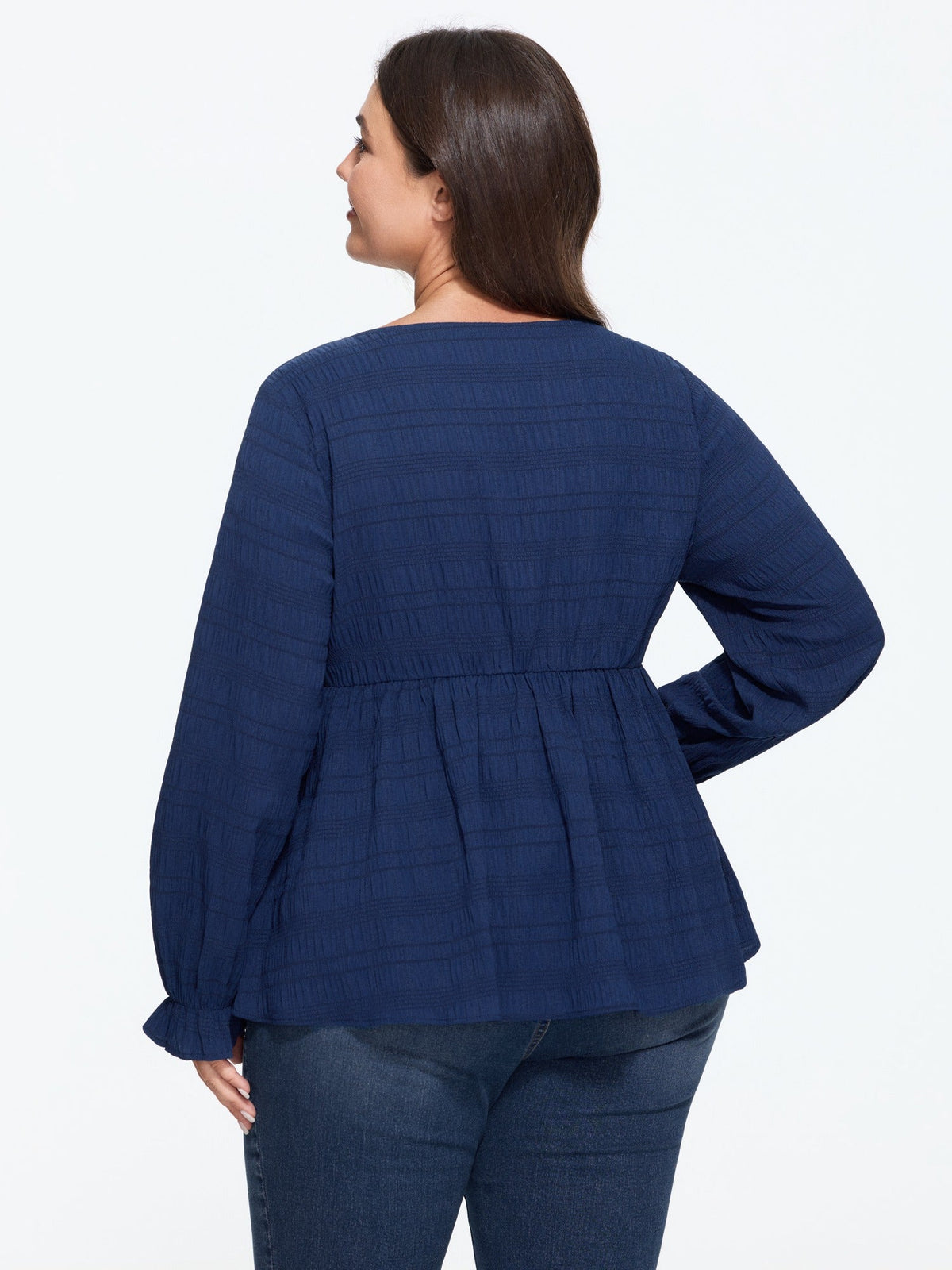Textured Round Neck Ruffle Cuff Blouse