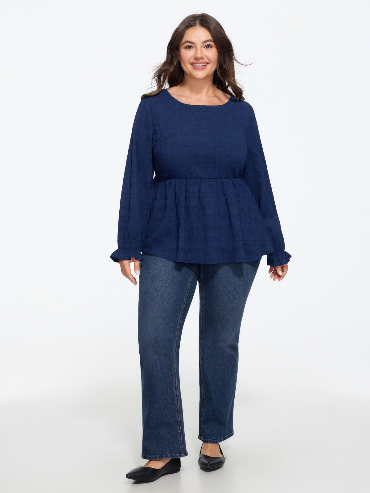 Textured Round Neck Ruffle Cuff Blouse