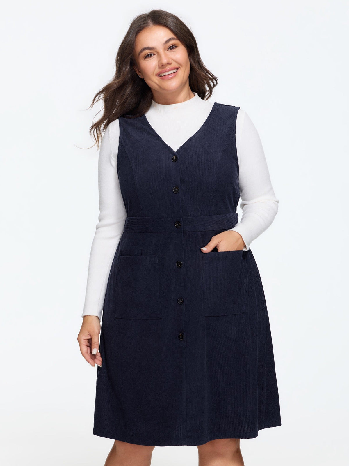 Corduroy Button Front Pocket Sleeveless Mini Dress