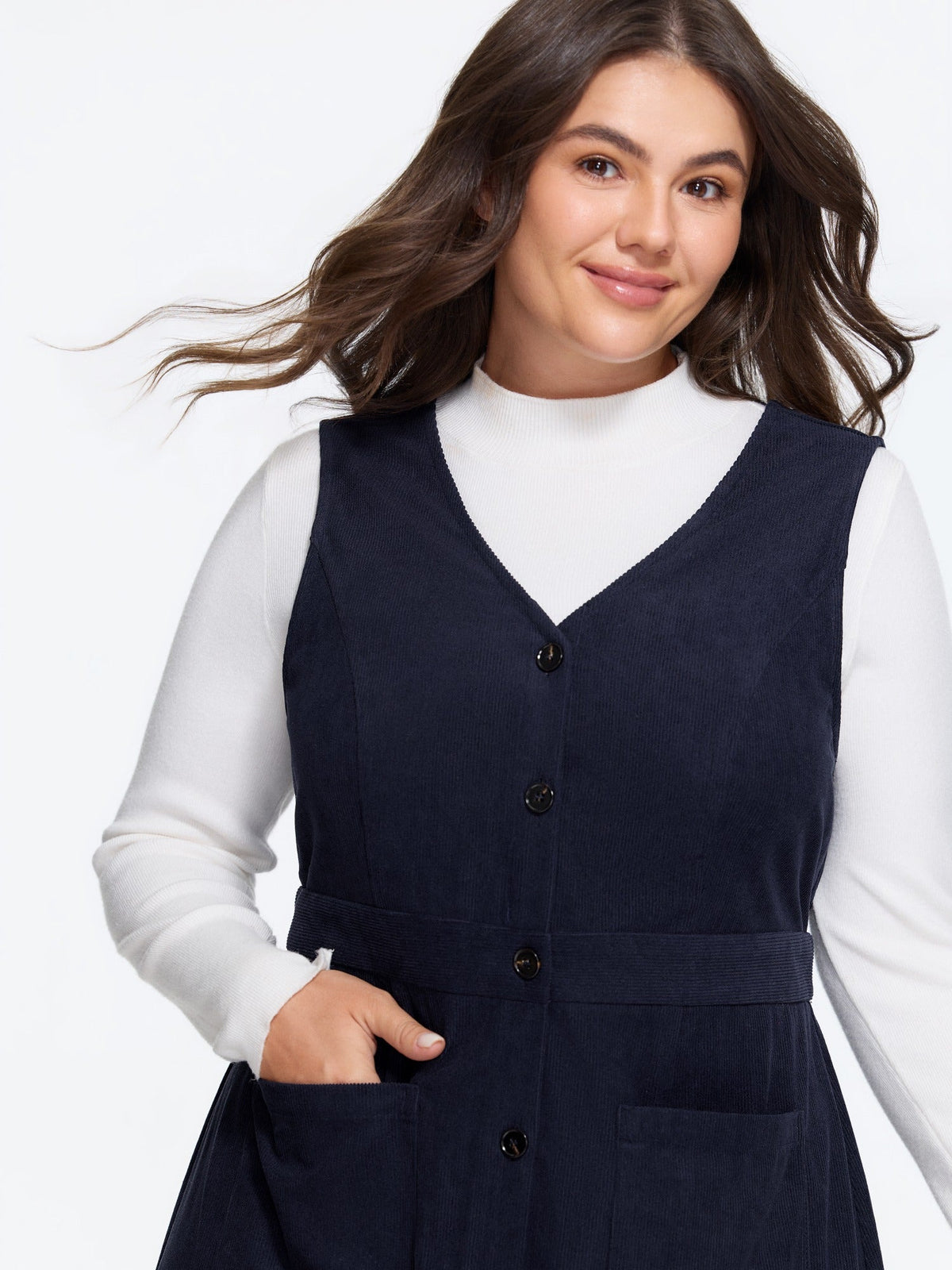 Corduroy Button Front Pocket Sleeveless Mini Dress