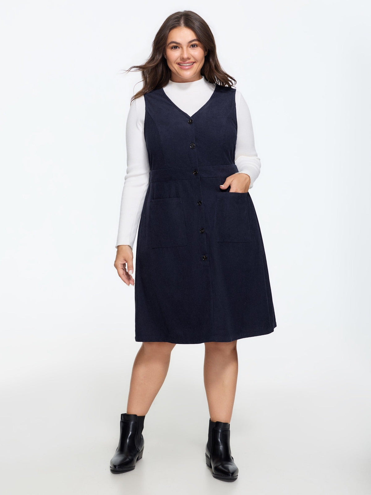 Corduroy Button Front Pocket Sleeveless Mini Dress