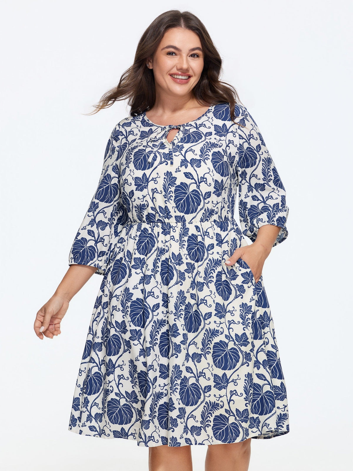 Supersoft Leaf Print Neck Tie Keyhole Front Mini Dress