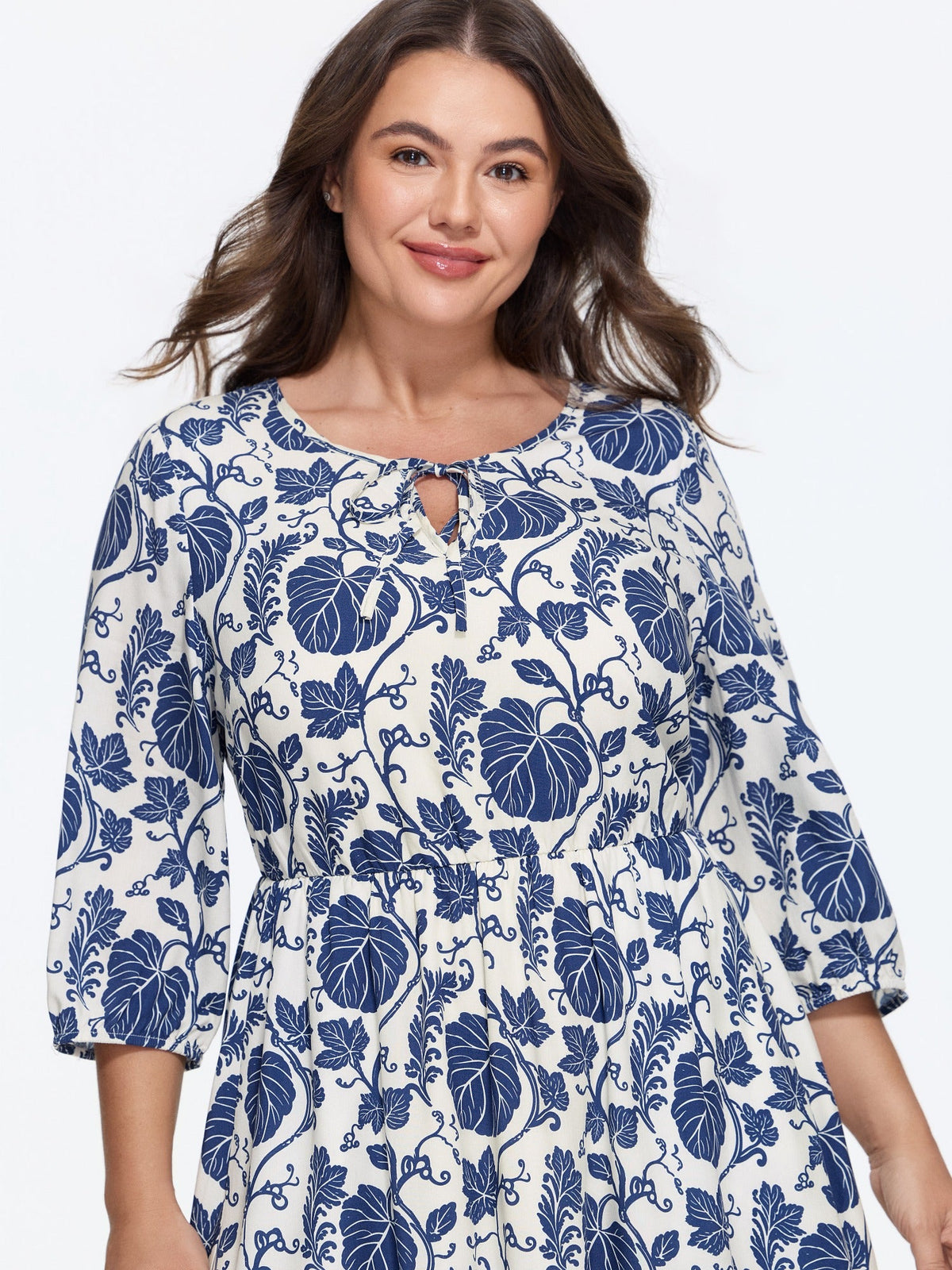 Supersoft Leaf Print Neck Tie Keyhole Front Mini Dress