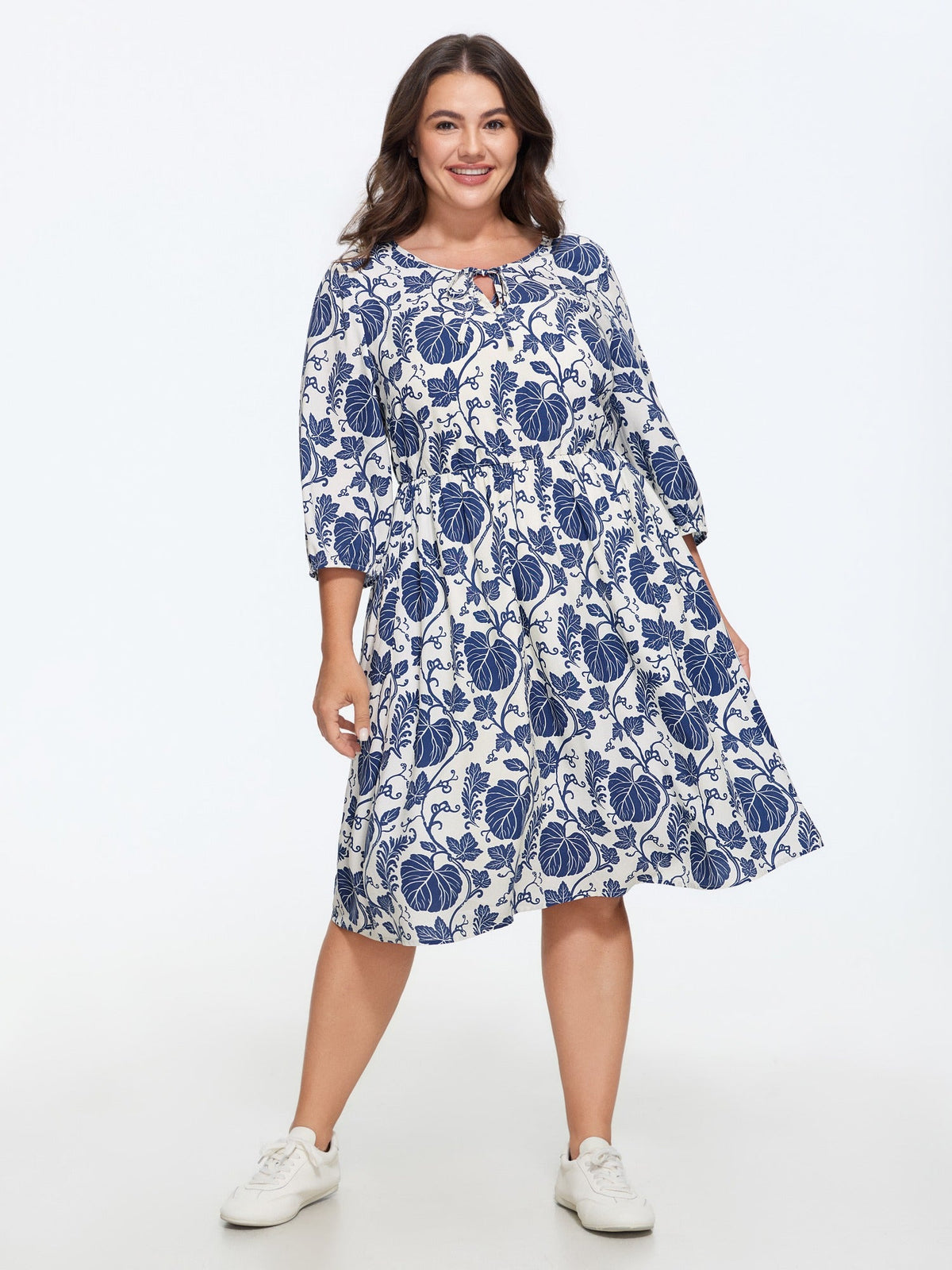 Supersoft Leaf Print Neck Tie Keyhole Front Mini Dress