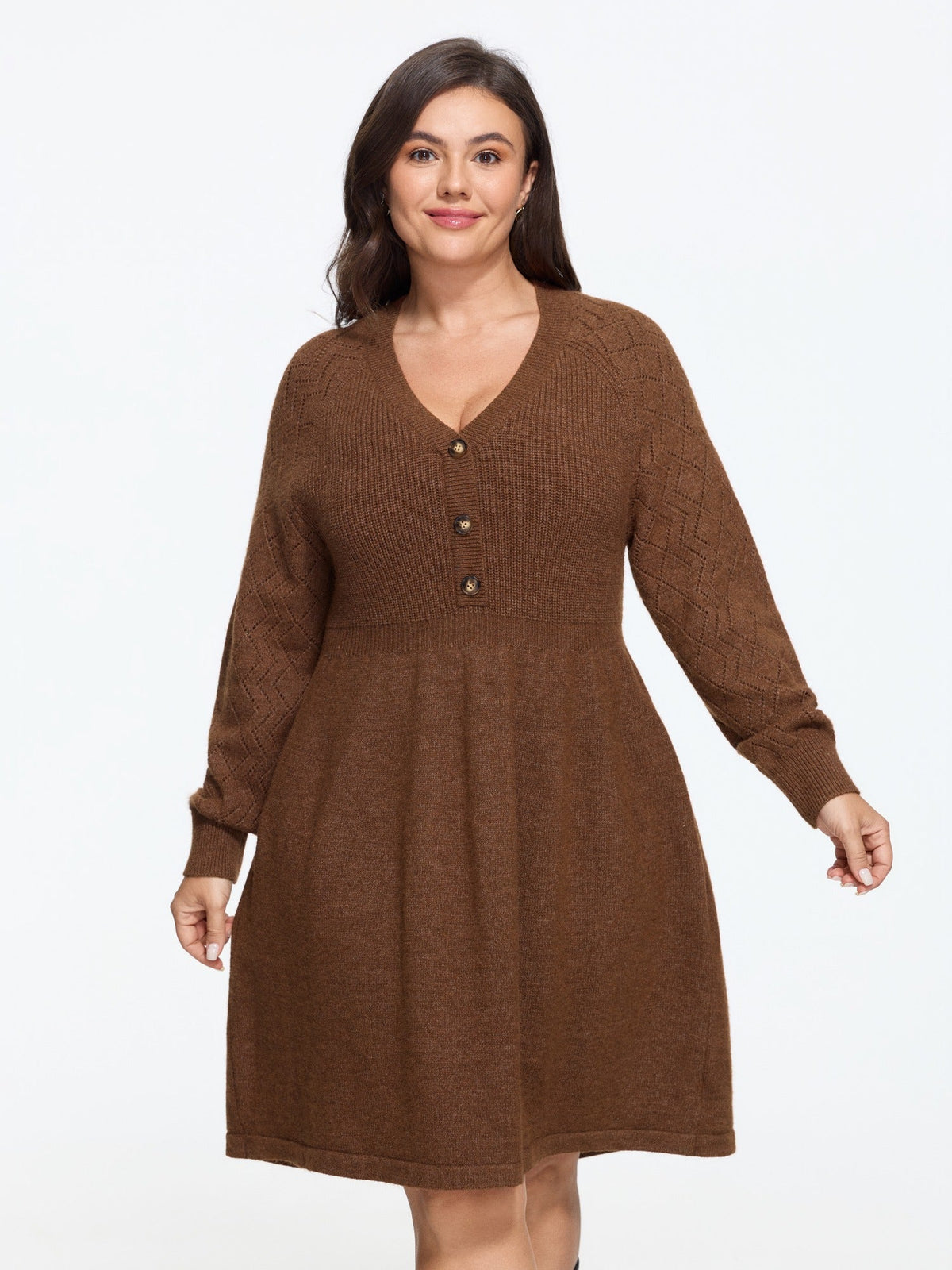 Textured V Neck Button Front Sweater Dress