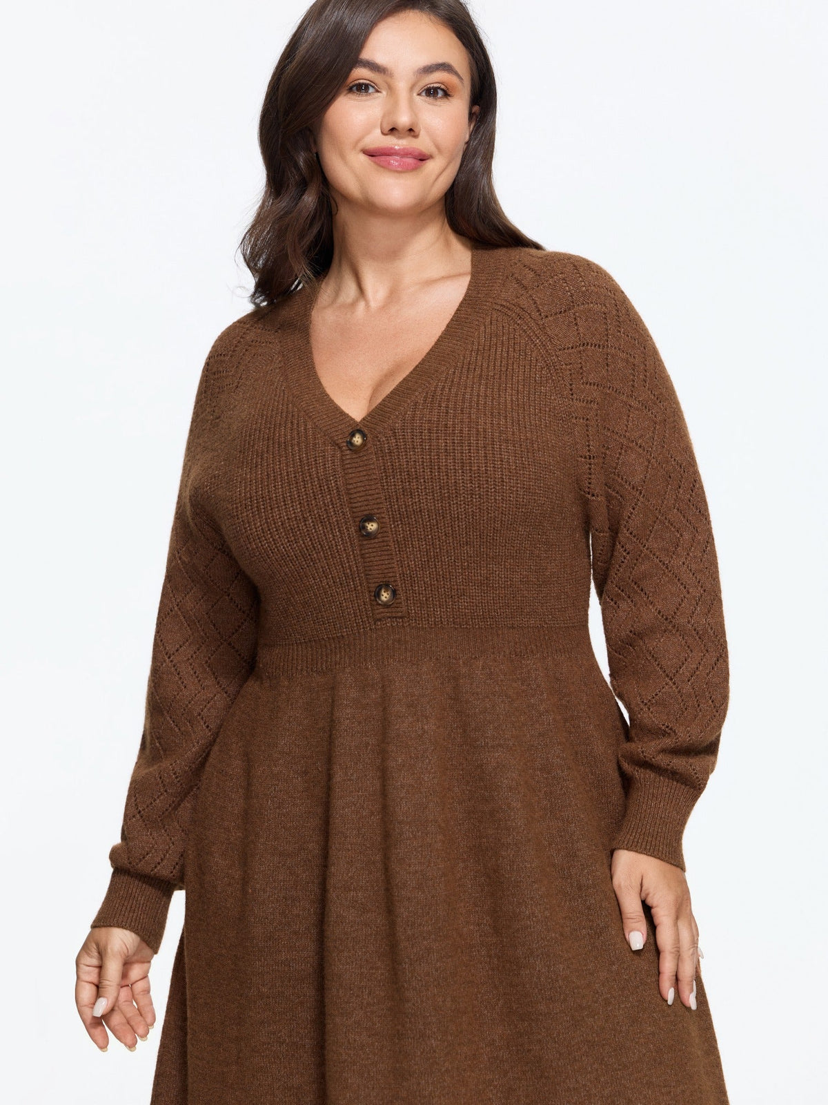 Textured V Neck Button Front Sweater Dress