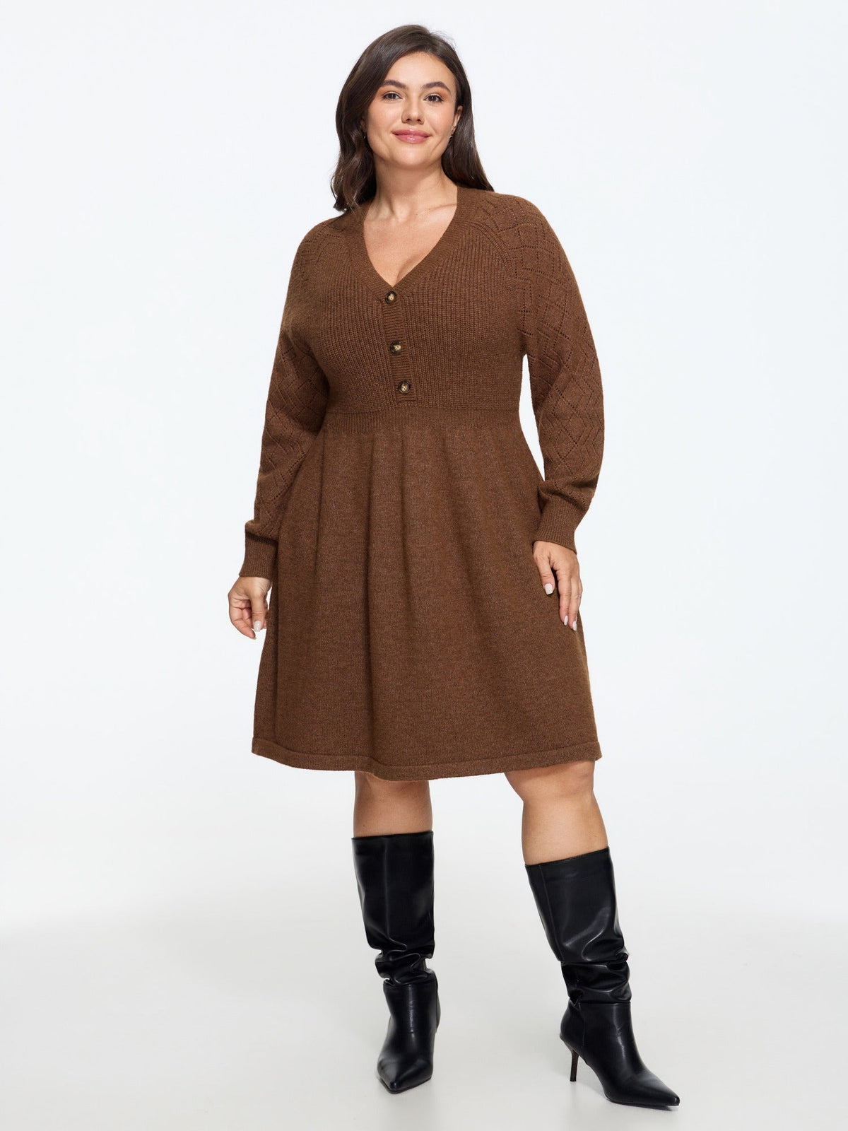 Textured V Neck Button Front Sweater Dress