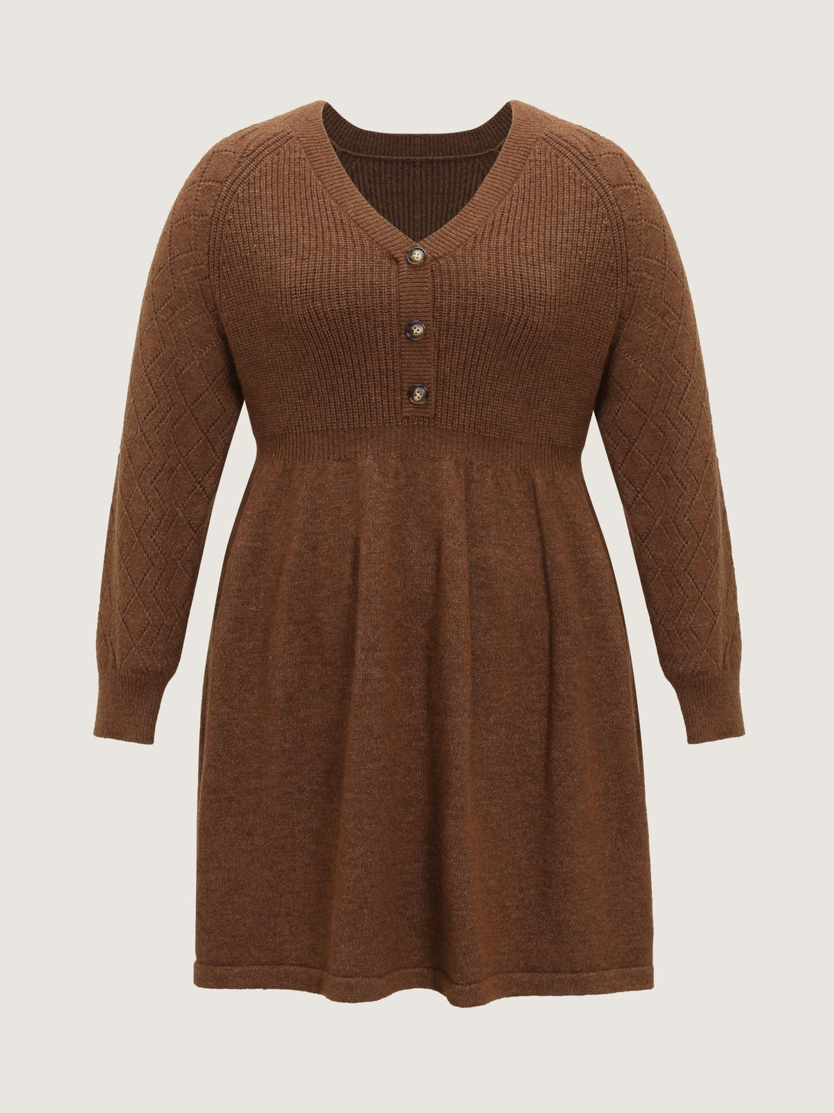 Textured V Neck Button Front Sweater Dress