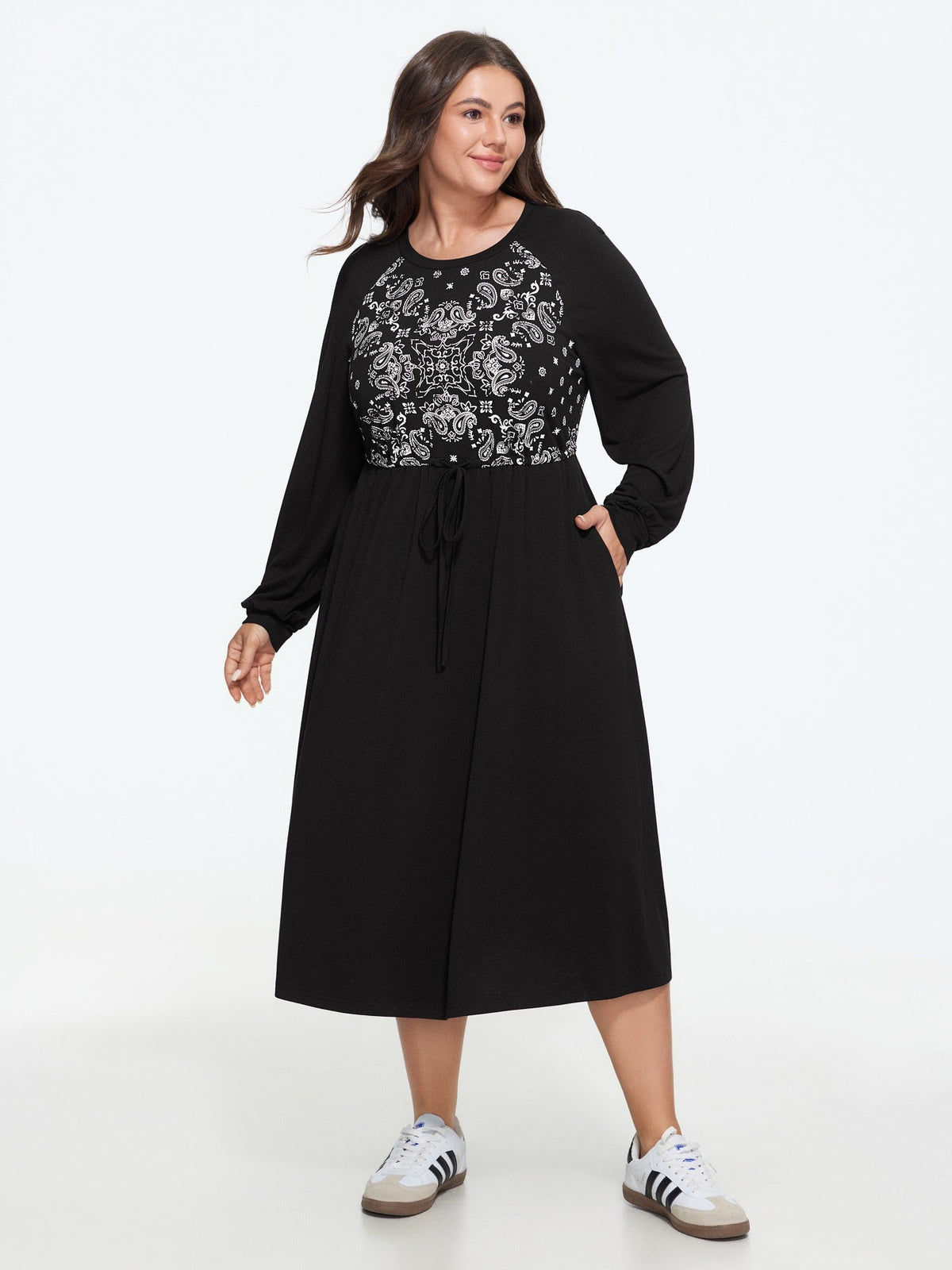 Paisley Print Drawstring Waist Midi Dress